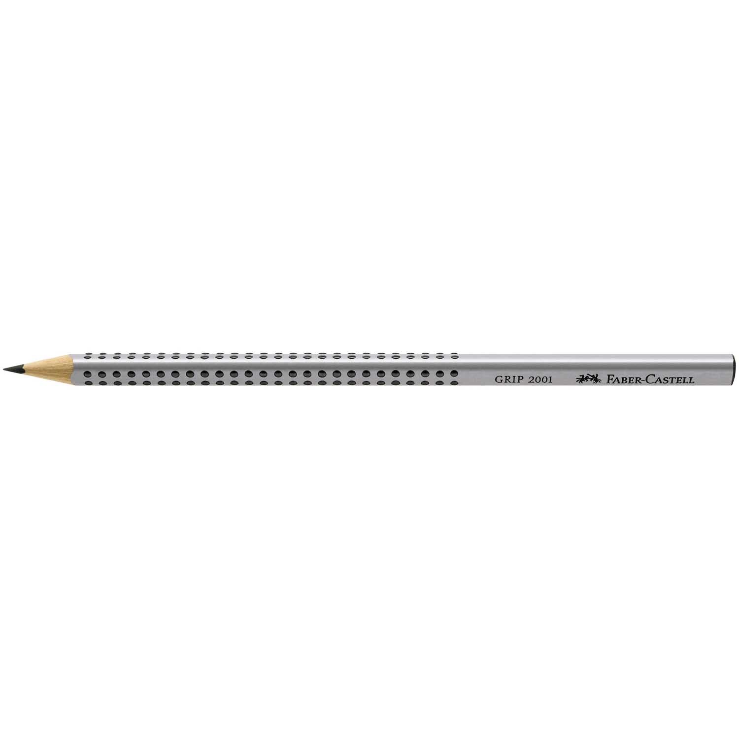 Grip 2001 Bleistift von Faber Castell, silberner Stift mit ergonomischem Griff und schwarzer Spitze.