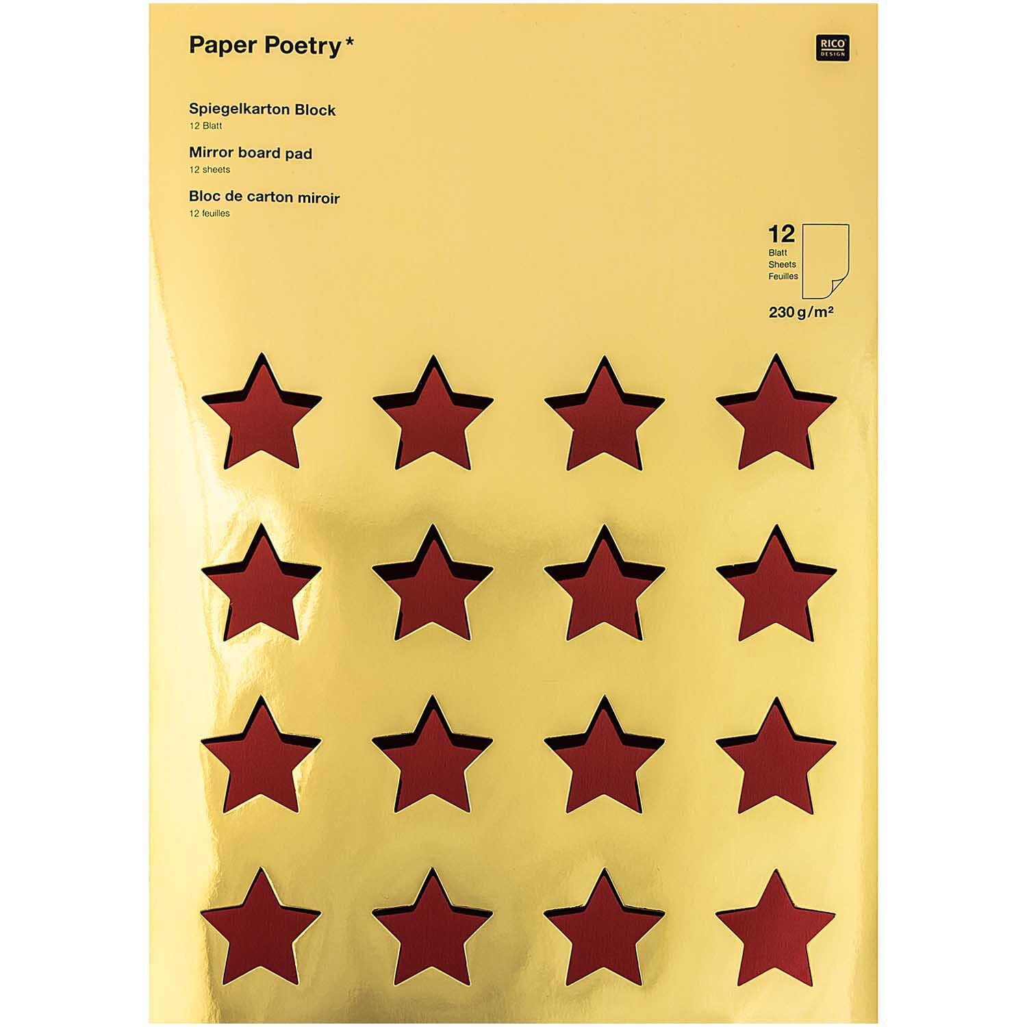 Paper Poetry Spiegelkartonblock zeigt rote Sterne auf goldener Verpackung, 12 Blatt, 230g/m².