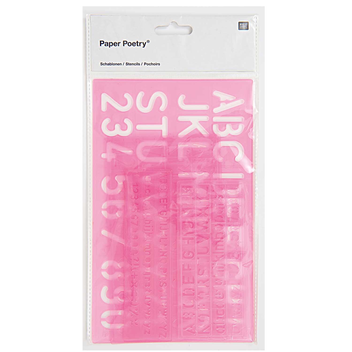 Paper Poetry Schablonenset mit Buchstaben und Zahlen, 4-teilig, in Rosa von Rico Design. Ideal für kreative Projekte und Dekorationen.