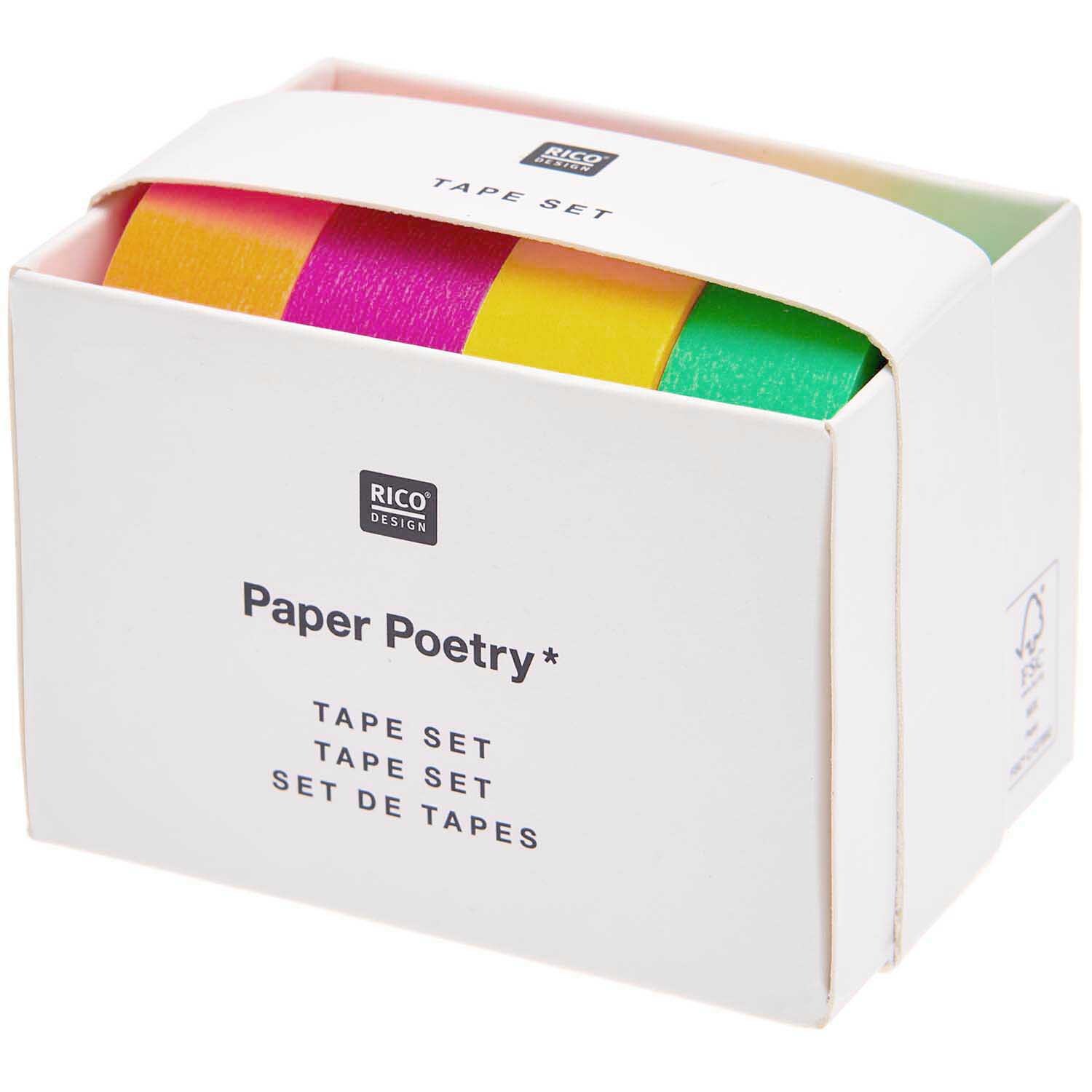 Paper Poetry Tape Set Neon klassisch 15mm 10m, 4-teilig, in leuchtenden Farben von Rico Design in einer weißen Verpackung.