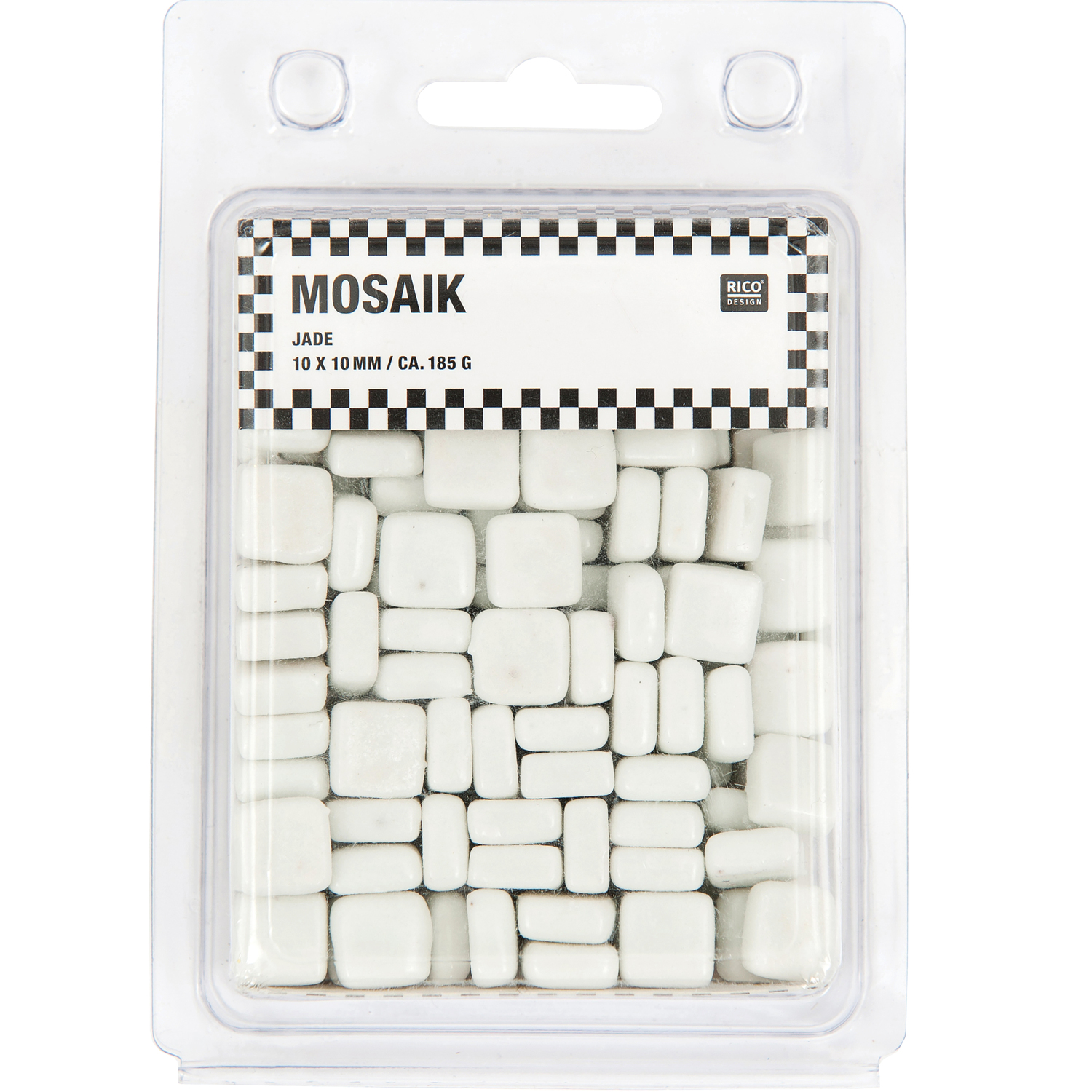 Jade Mosaiksteine 185g in Weiß von Rico Design, verpackt in einer transparenten Kunststoffbox.