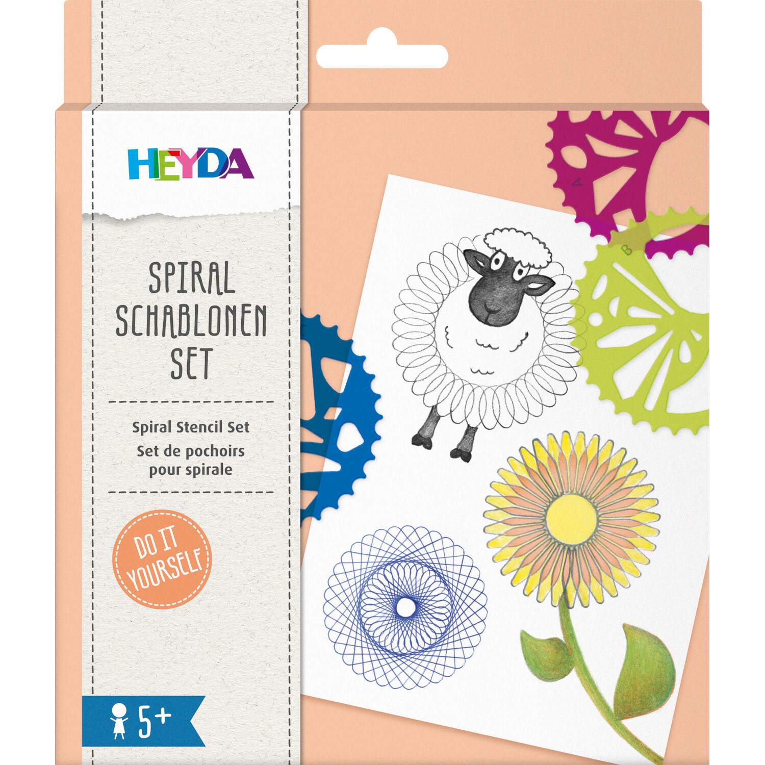Spiralschablonen-Set von HEYDA für kreative DIY-Projekte, inklusive bunter Schablonen und Zeichnungen. Ideal für Kinder ab 5 Jahren.