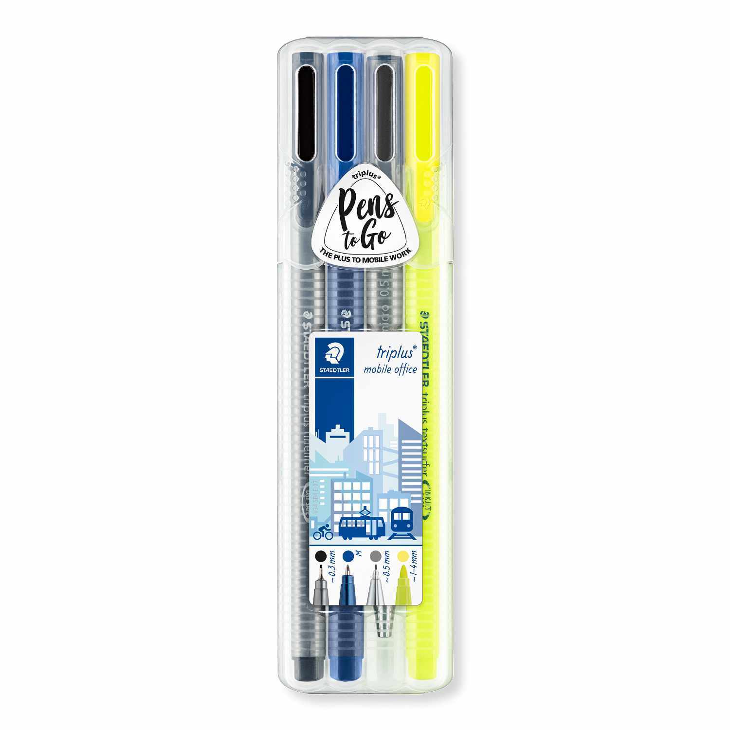 Schreibset triplus Mobile Office von Staedtler mit blauen, schwarzen und gelben Stiften in einer transparenten Verpackung. Ideal für unterwegs.