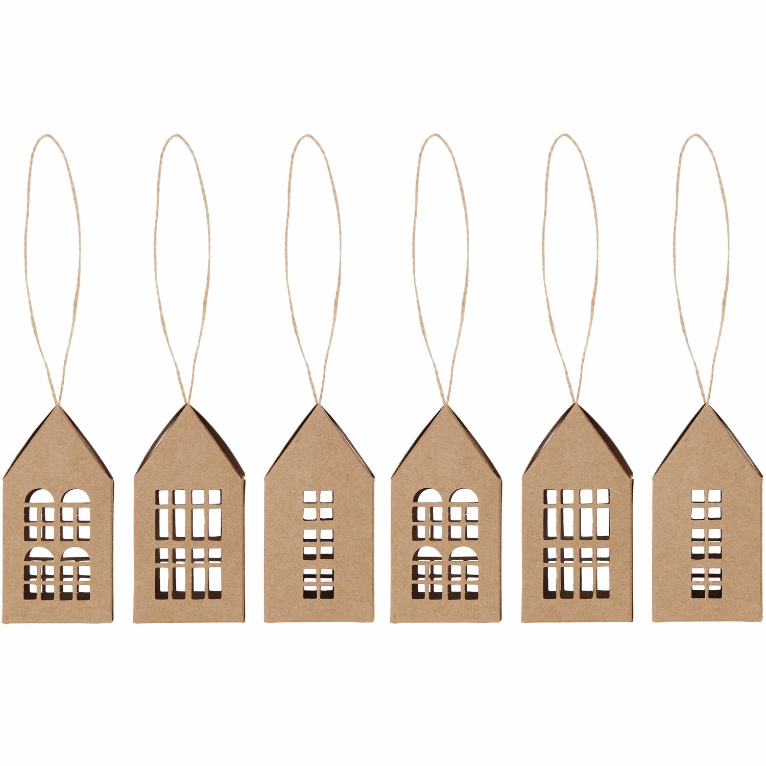 Adventskalender Papphäuser 24 Stück aus Kraftpapier, 7x5x5cm, mit Fensterdesign und Aufhängung.