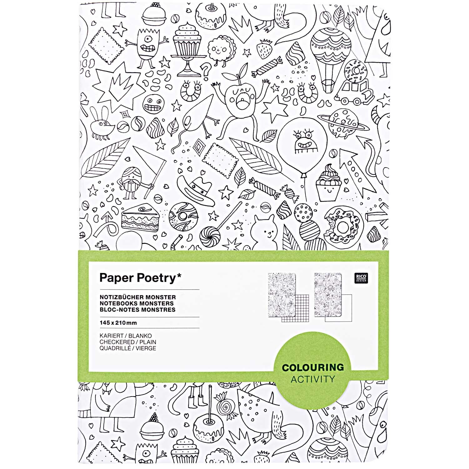 Paper Poetry Notizbuch A5 Monster zum Ausmalen, 2 Stück, mit lustigen Monster-Illustrationen. Ideal für kreative Aktivitäten.