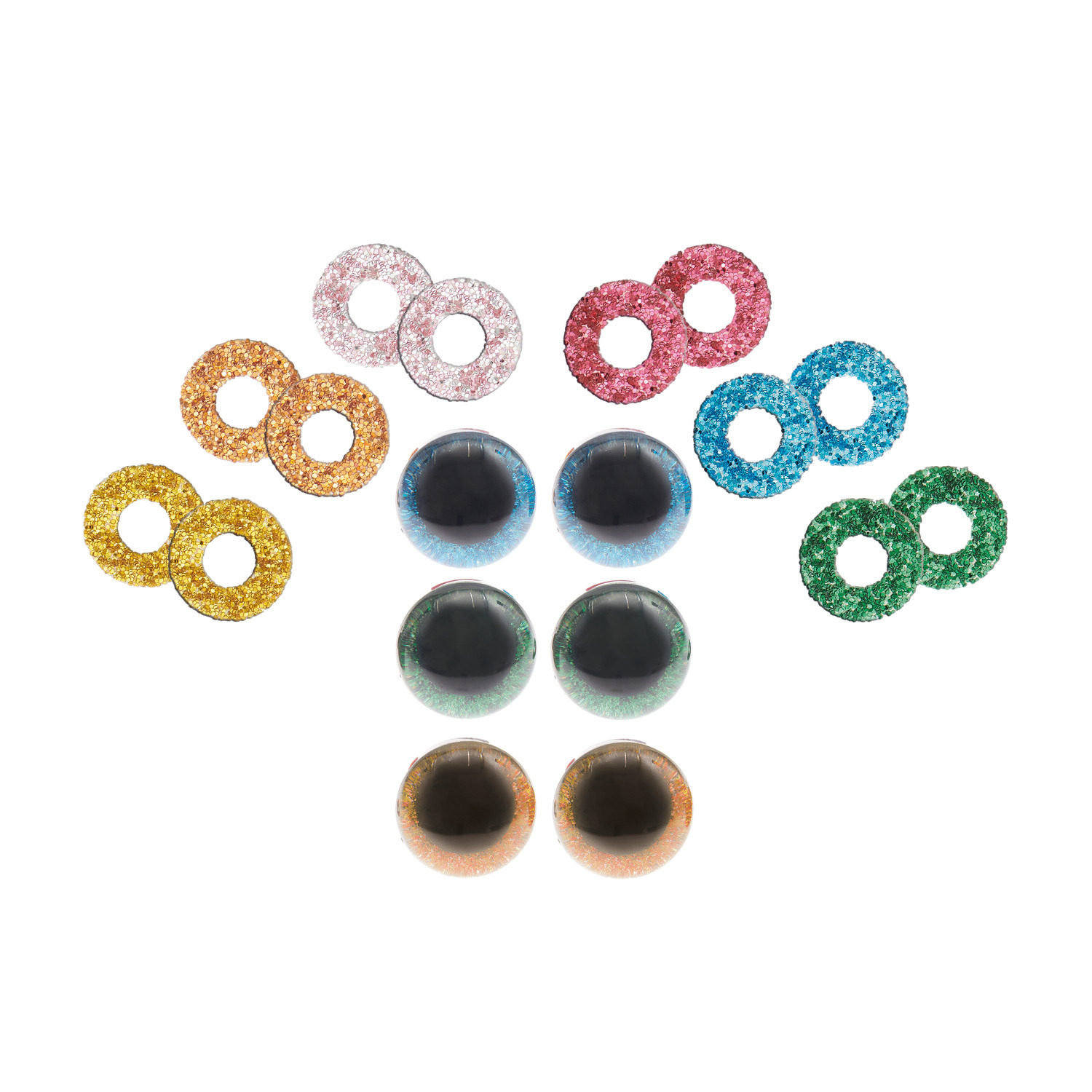 Sicherheitsaugen-Set für Kuscheltiere 6 Farben, 3 Paar 9mm. Bunte Augen in Gelb, Rosa, Blau, Grün, Orange und Schwarz für DIY-Projekte.