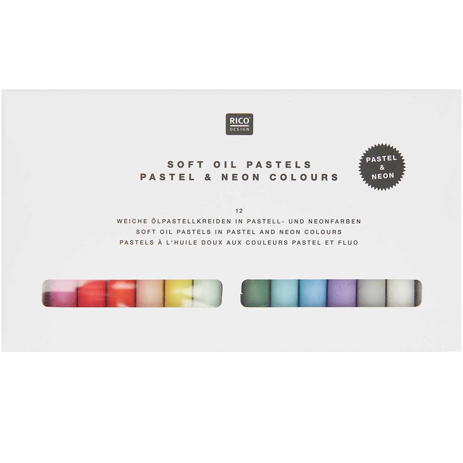 Ölpastellkreide Pastell & Neon 12 Farben von Rico Design in einer weißen Verpackung.