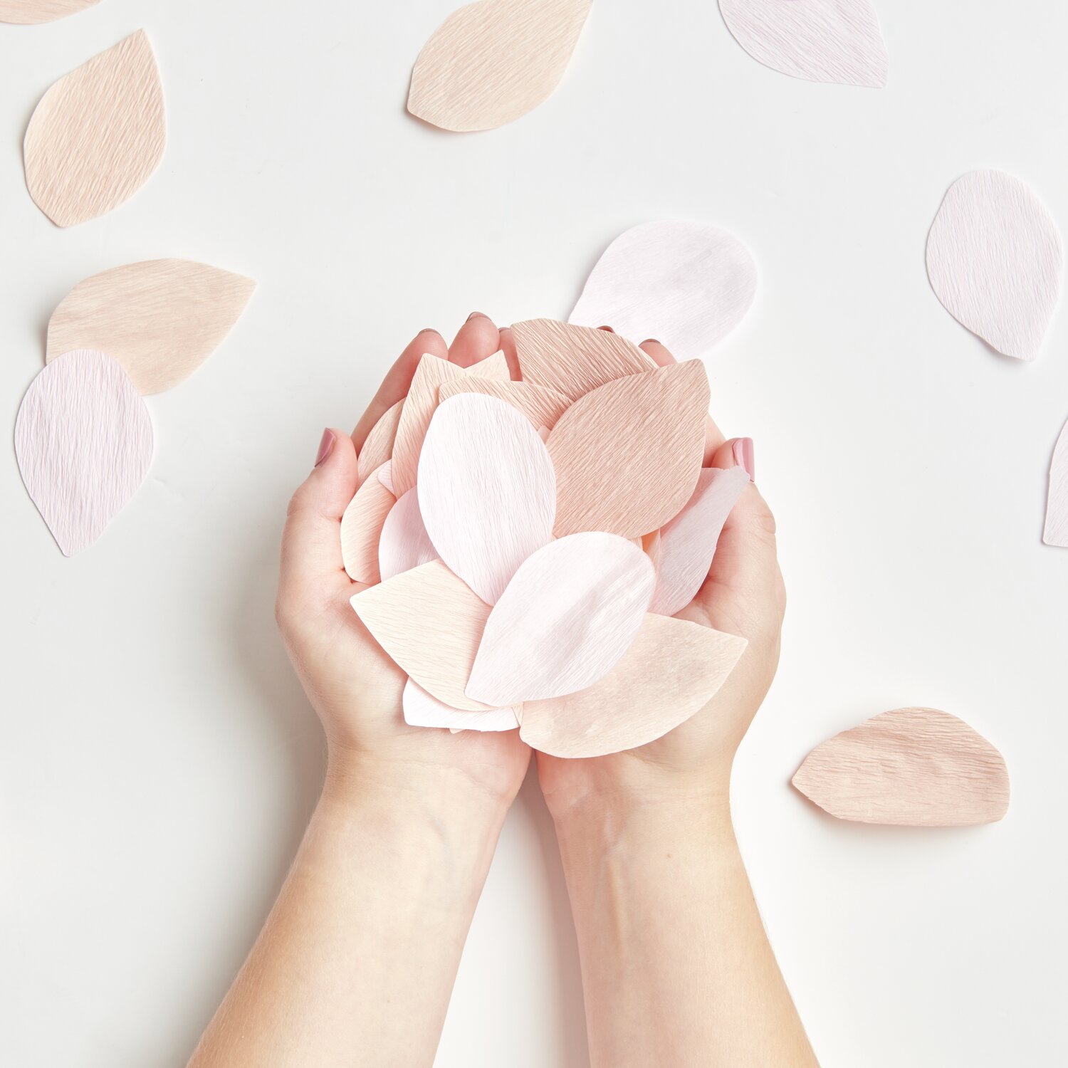 Krepp-Konfetti Rosenblätter groß: Hände halten zarte, rosa Blätter von Rico Design, ideal für Dekorationen.