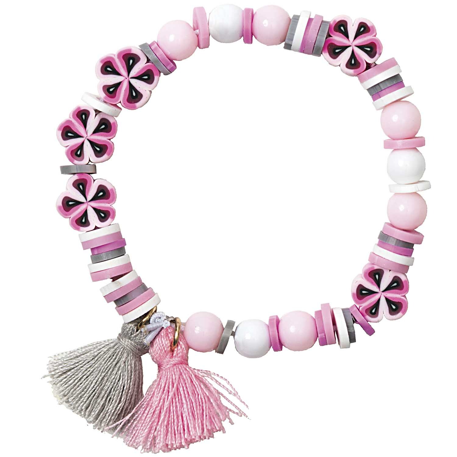 Mini Perlen Armband Set mit rosa und grauen Perlen, Blumenmuster und Quasten von Rico Design.