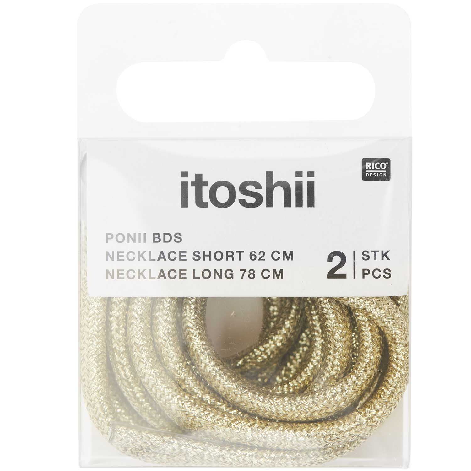 Itoshii - Ponii Beads Ketten 2 Stück in gold glitzernd von Rico Design, verpackt in einer transparenten Box.