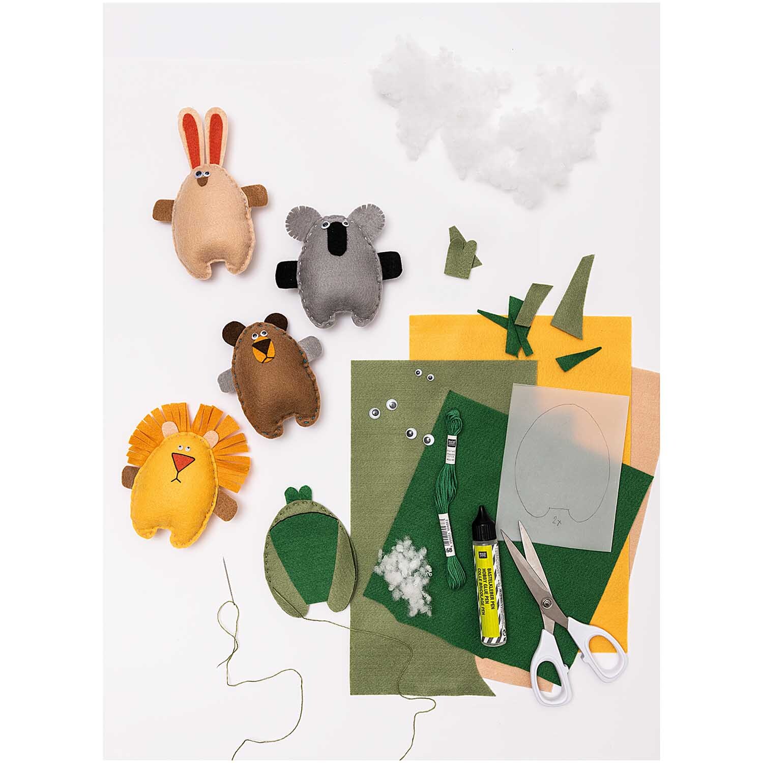 Filz-Plattenset 1mm 20x30cm 10 Farben: Bastelmaterialien und Tierfiguren aus Filz in verschiedenen Farben, inklusive Schere und Kleber.