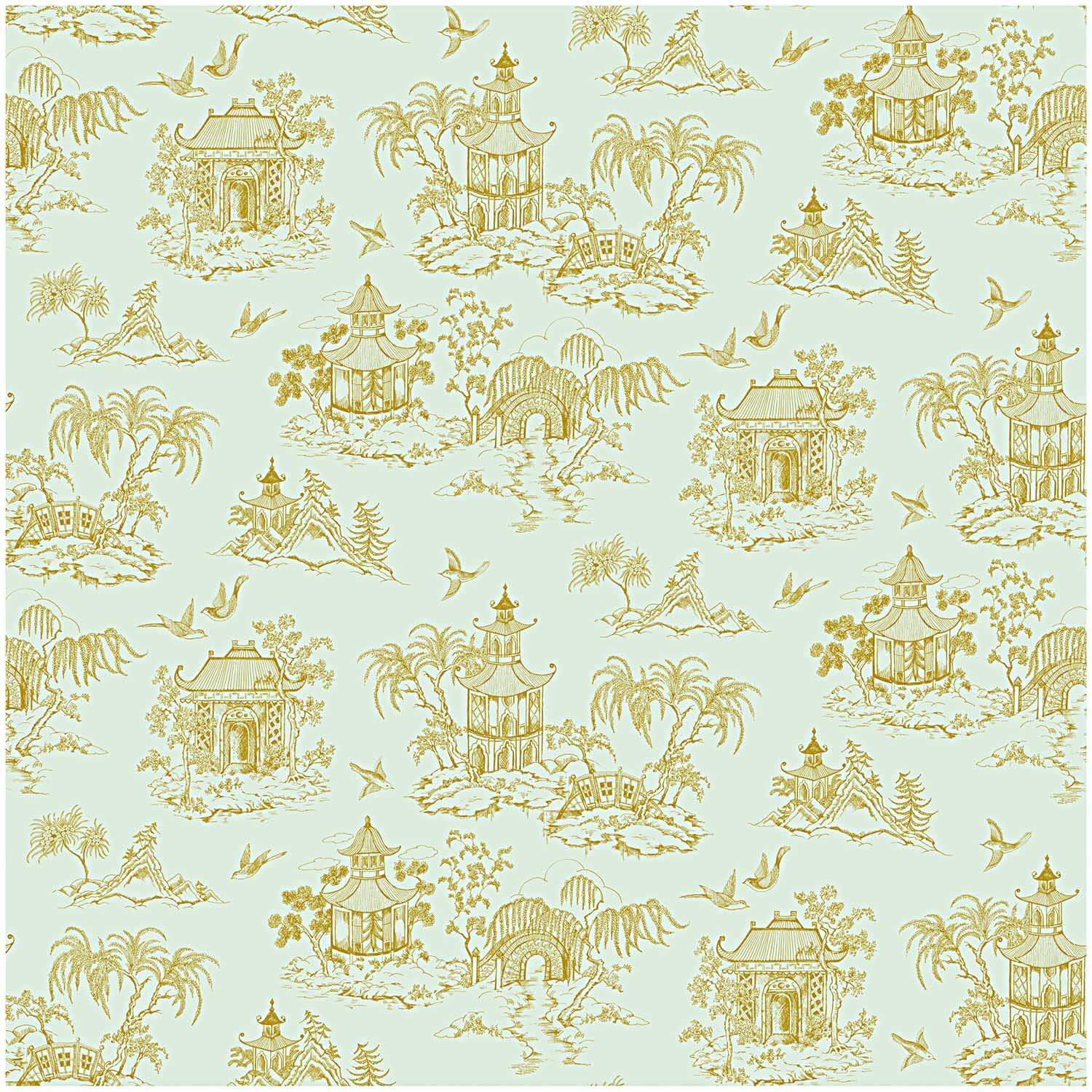 Stoff japanische Häuser mint-gold 50x140cm mit goldenen Pagoden und Palmen auf mintfarbenem Hintergrund von Rico Design.