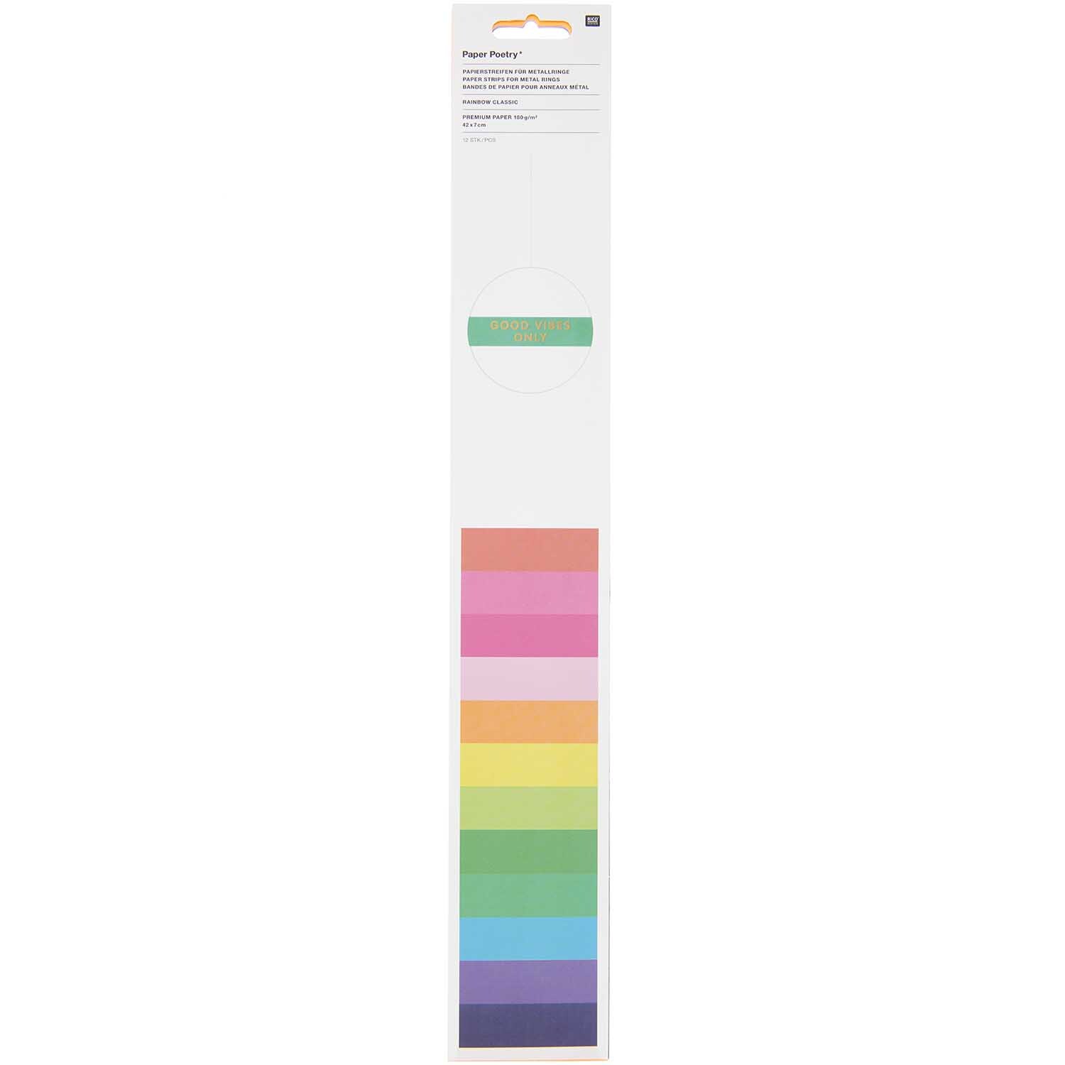 Paper Poetry Papierstreifen in 12 leuchtenden Farben von Rico Design, ideal für kreative Bastelprojekte.