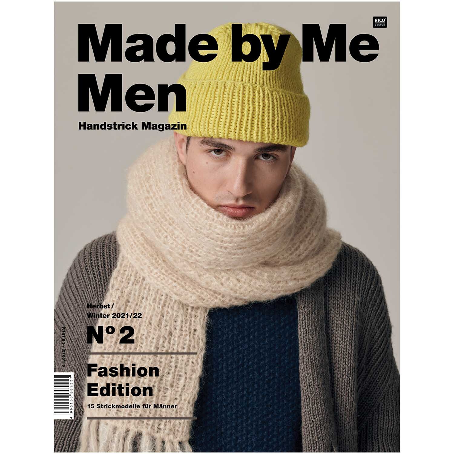 Made by Me Handknitting Men Nr.2 Fashion Edition zeigt einen Mann mit gelber Mütze und beigem Schal.