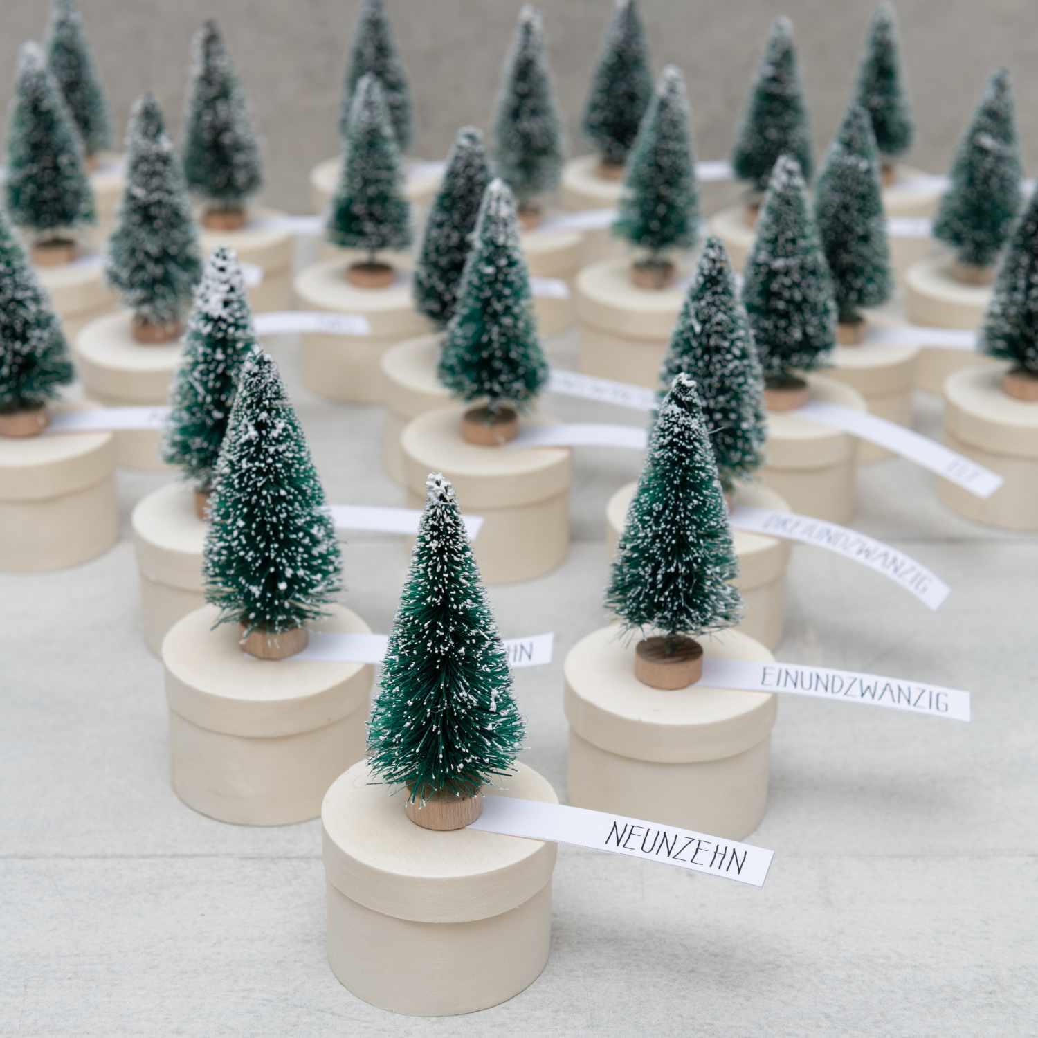 Bastelanleitung Winterwald-Adventskalender: Kleine Tannenbäume auf runden Holzboxen mit Zahlen.