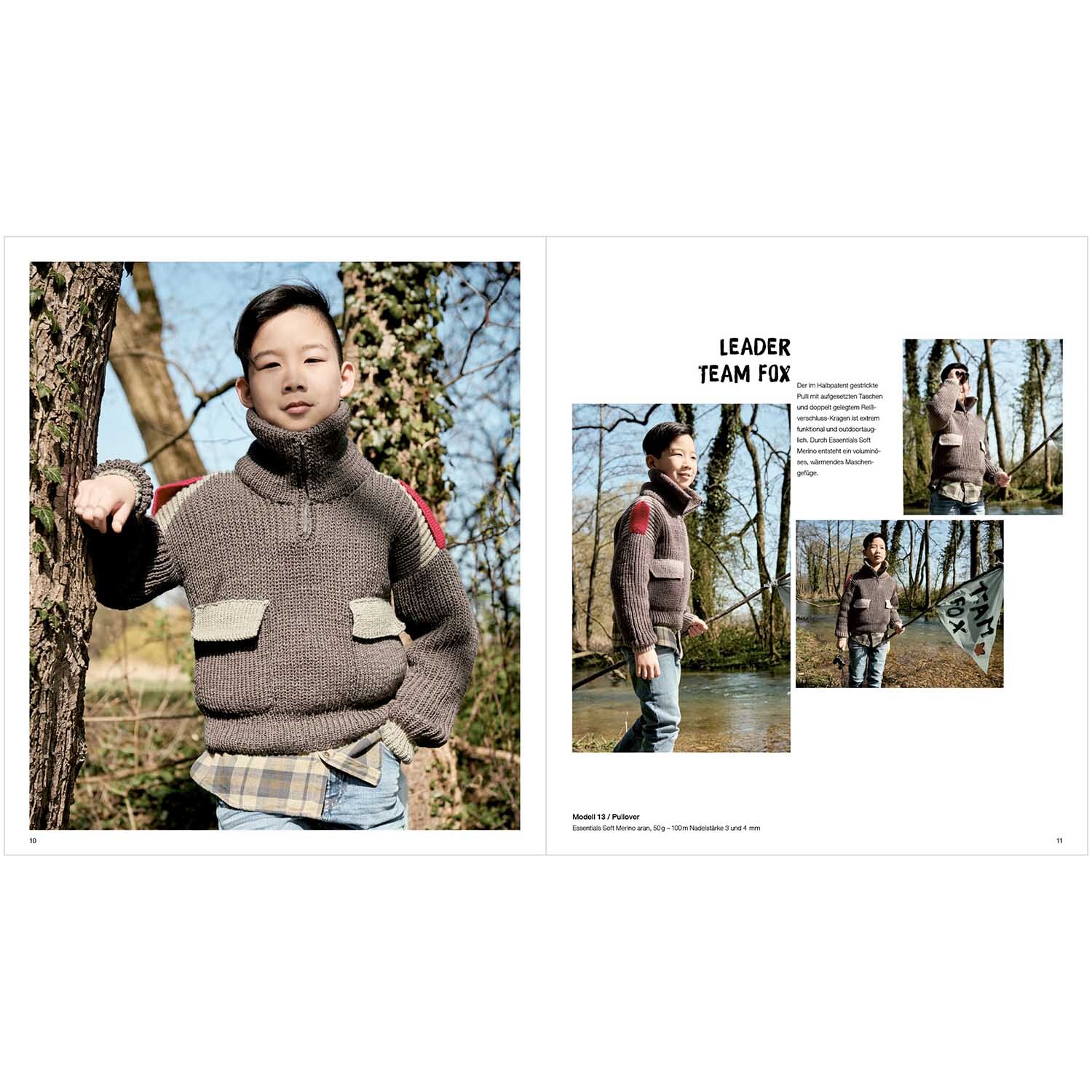 Kids Nr.11: Junge in einem Wald trägt einen grauen Pullover von Rico Design mit roten Akzenten.