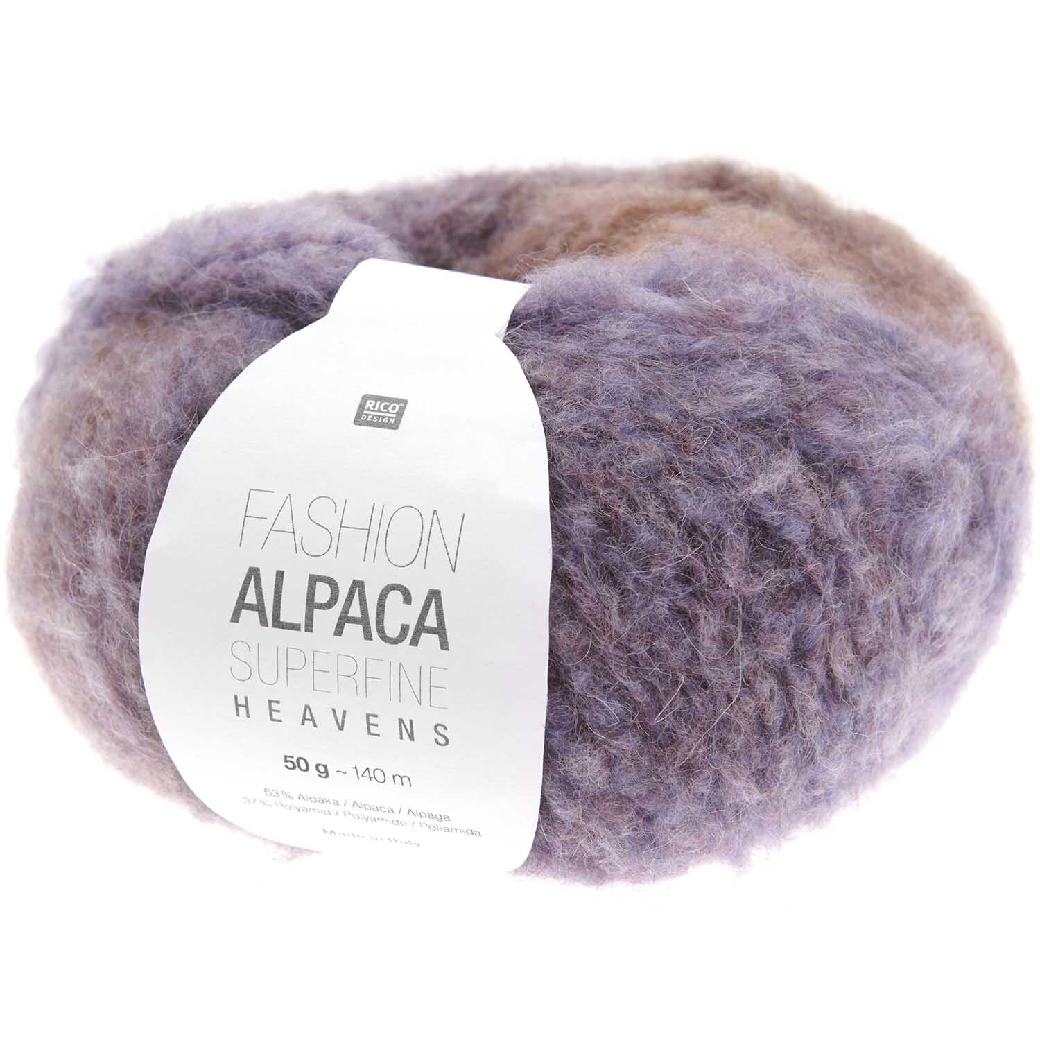Fashion Alpaca Superfine Heavens: Weiches Garn in Lila- und Brauntönen, 50g, 140m, von Rico Design. Ideal für Strickprojekte.