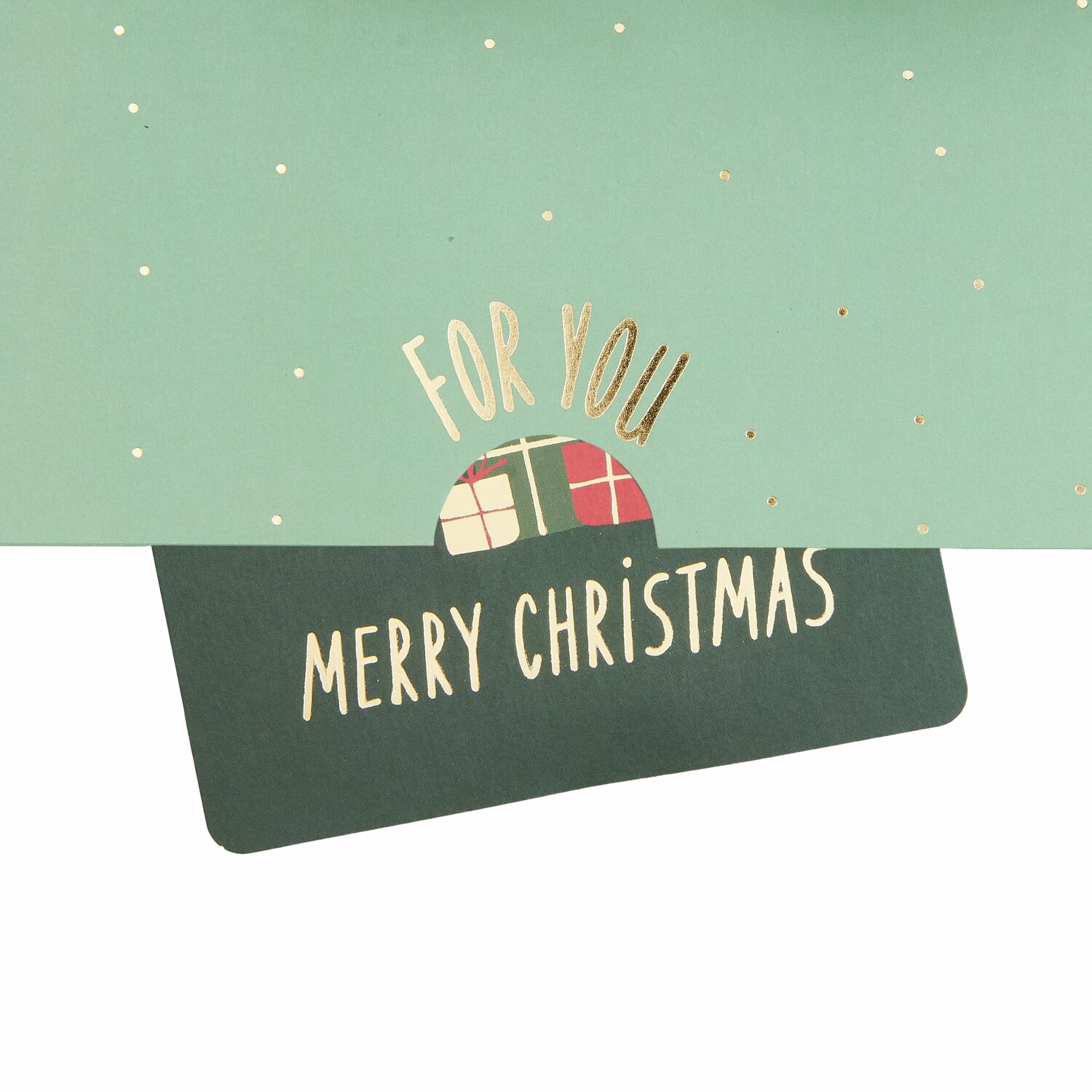 Pop-Up Karte Weihnachtsmann für Geldgeschenke zeigt grünes Design mit goldener Schrift "For You" und "Merry Christmas". Ideal für festliche Anlässe.
