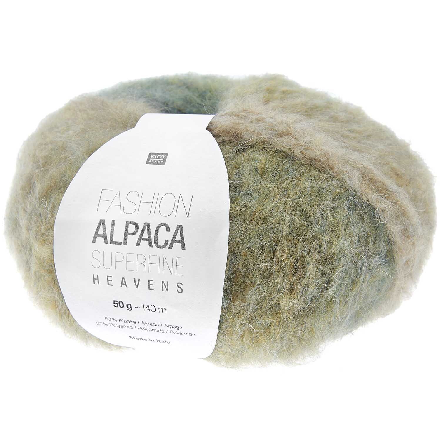 Fashion Alpaca Superfine Heavens Strickset zeigt weiches Garn in Moosgrün von Rico Design. Ideal für Pullunder Modell 09.