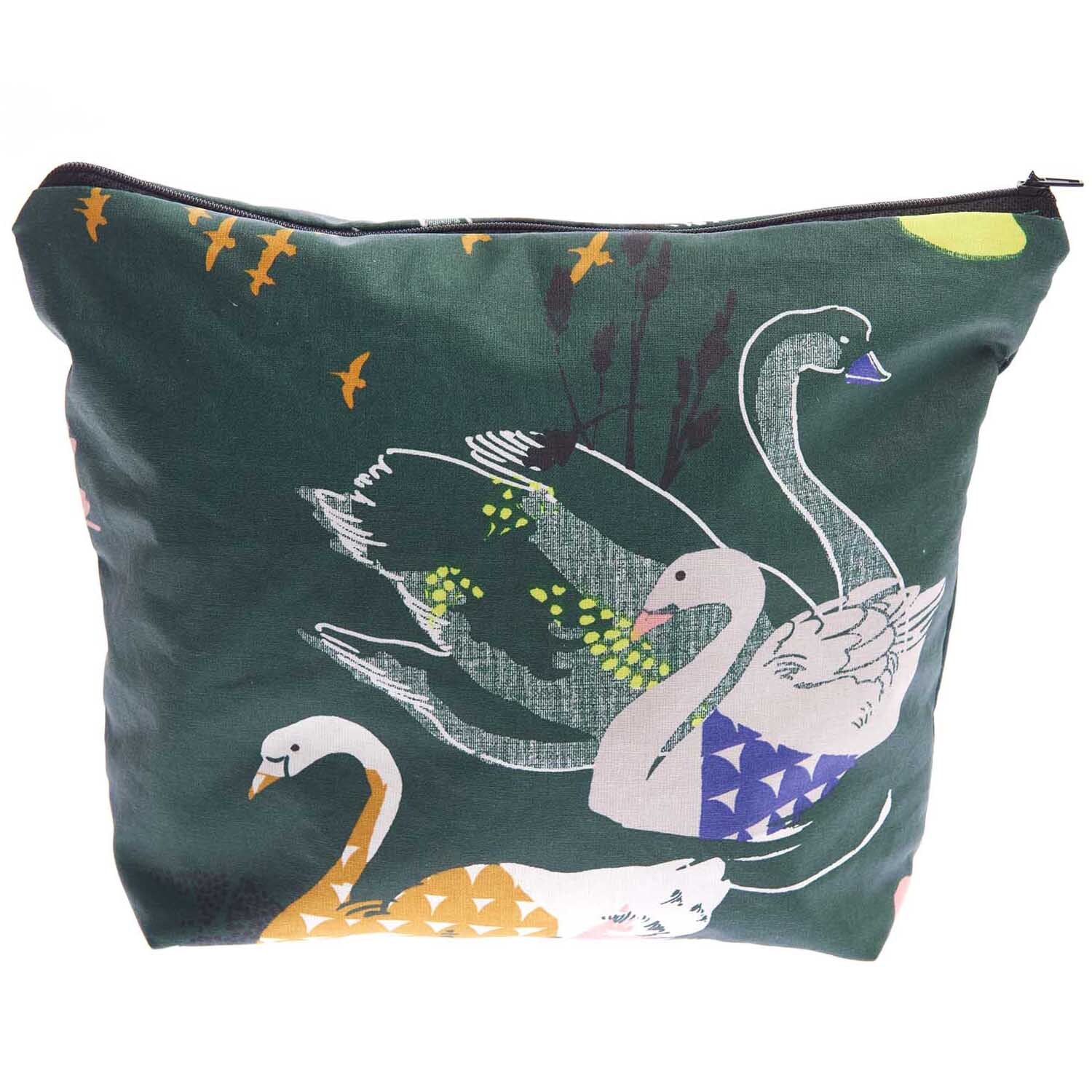 Kosmetiktasche Okina Hana mit Schwanenmotiv auf dunkelgrünem Hintergrund, von Rico Design.