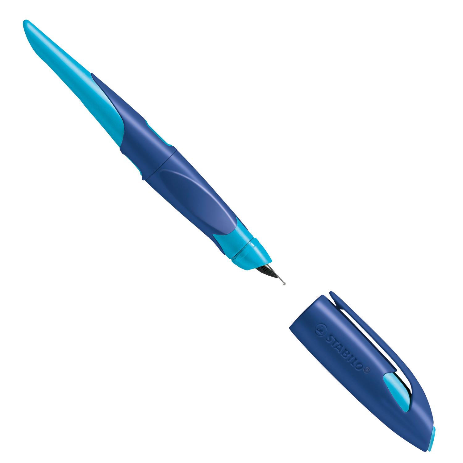 Easybird Patronenfüller für Linkshänder in Mitternachtsblau von STABILO, geöffnet mit Kappe.