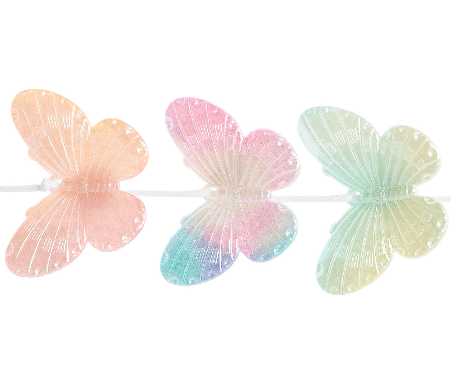 itoshii Schmetterling Perlen Rainbow Pearl: Drei schimmernde Schmetterlingsperlen in Pastellfarben, ideal für kreative Bastelprojekte.