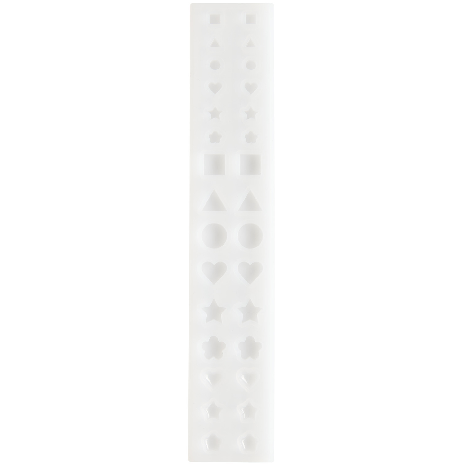 Silikon Gießform Mini Formen von Rico Design zeigt eine weiße Form mit verschiedenen kleinen geometrischen und herzförmigen Vertiefungen.