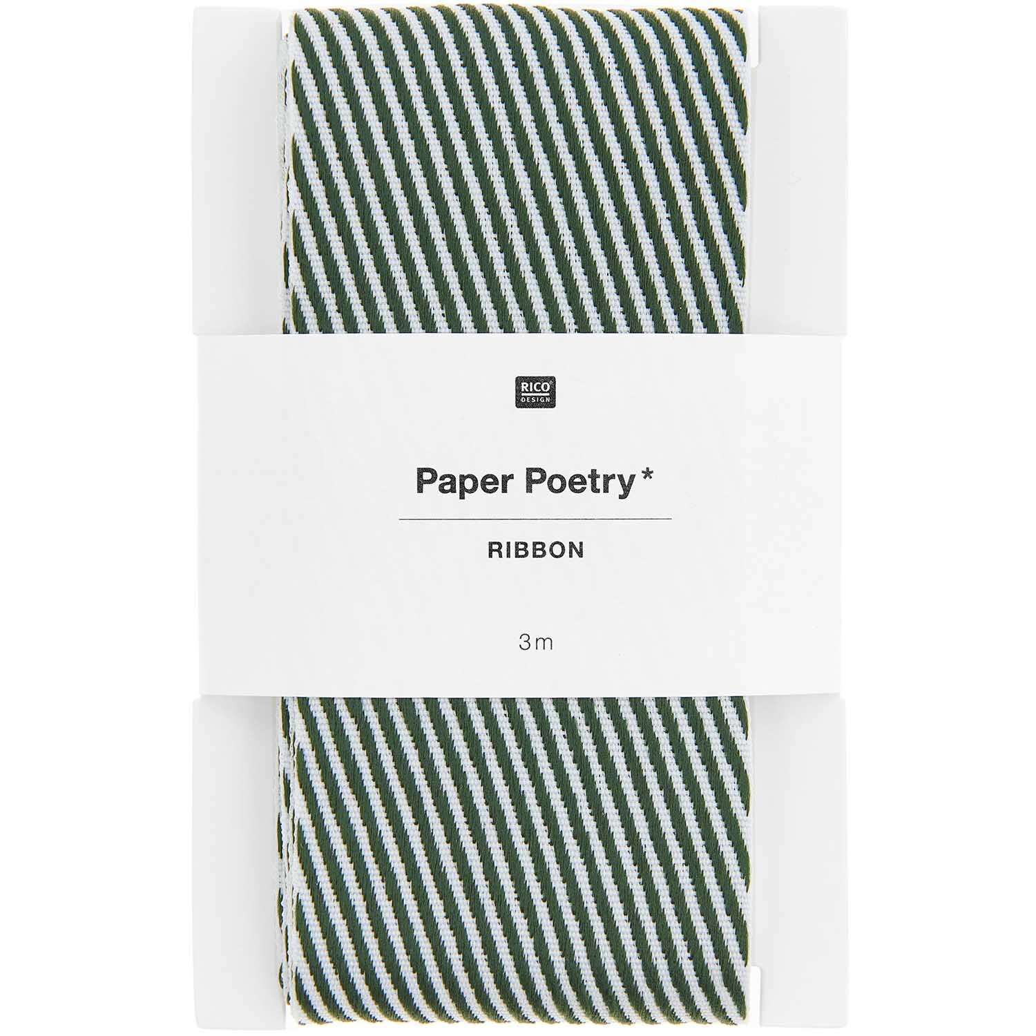 Paper Poetry Webband mit diagonalen Streifen in Grün-Weiß, 3m Länge, von Rico Design. Ideal für kreative Projekte.