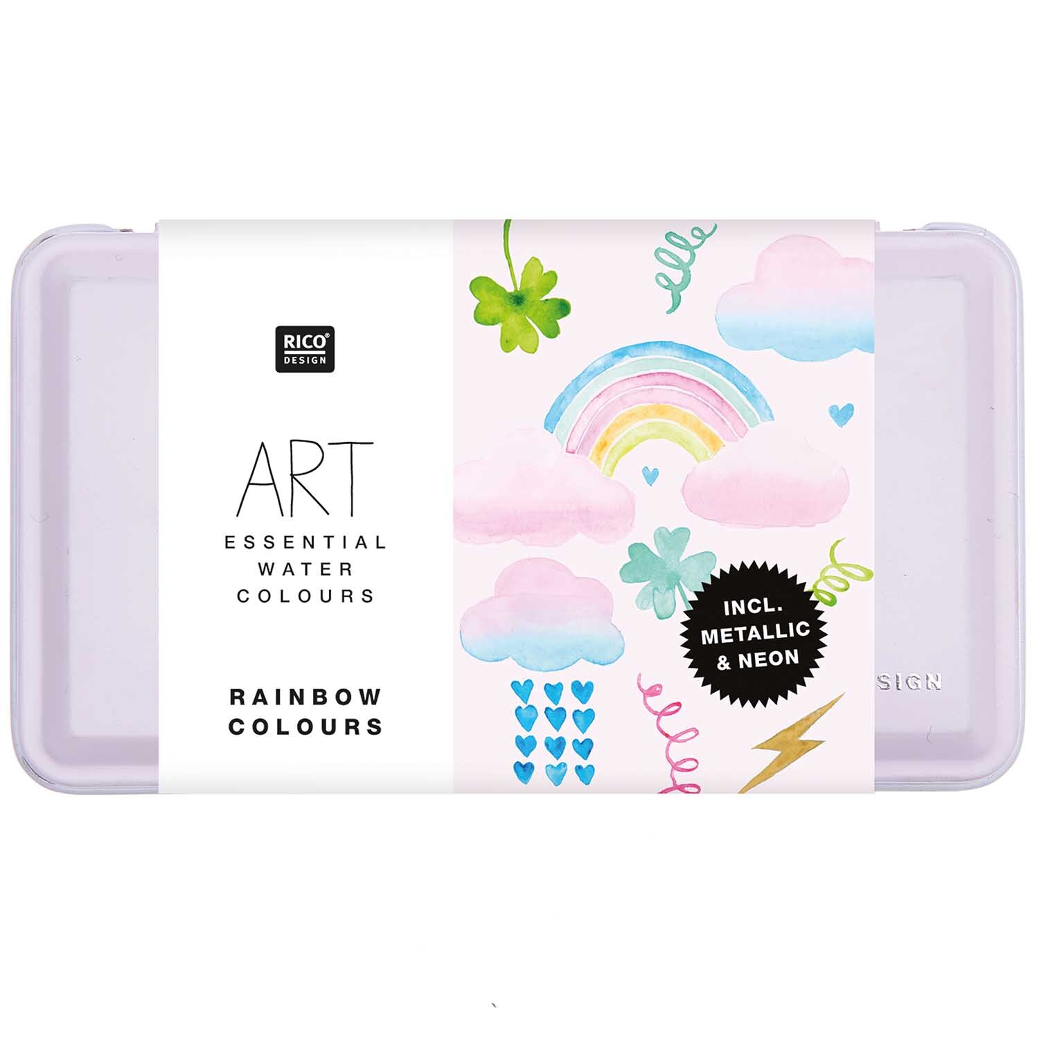 ART Essential Aquarellfarben Rainbow Colours 12 Farben in einer pastellfarbenen Box mit Regenbogen- und Wolkenmotiven von Rico Design.