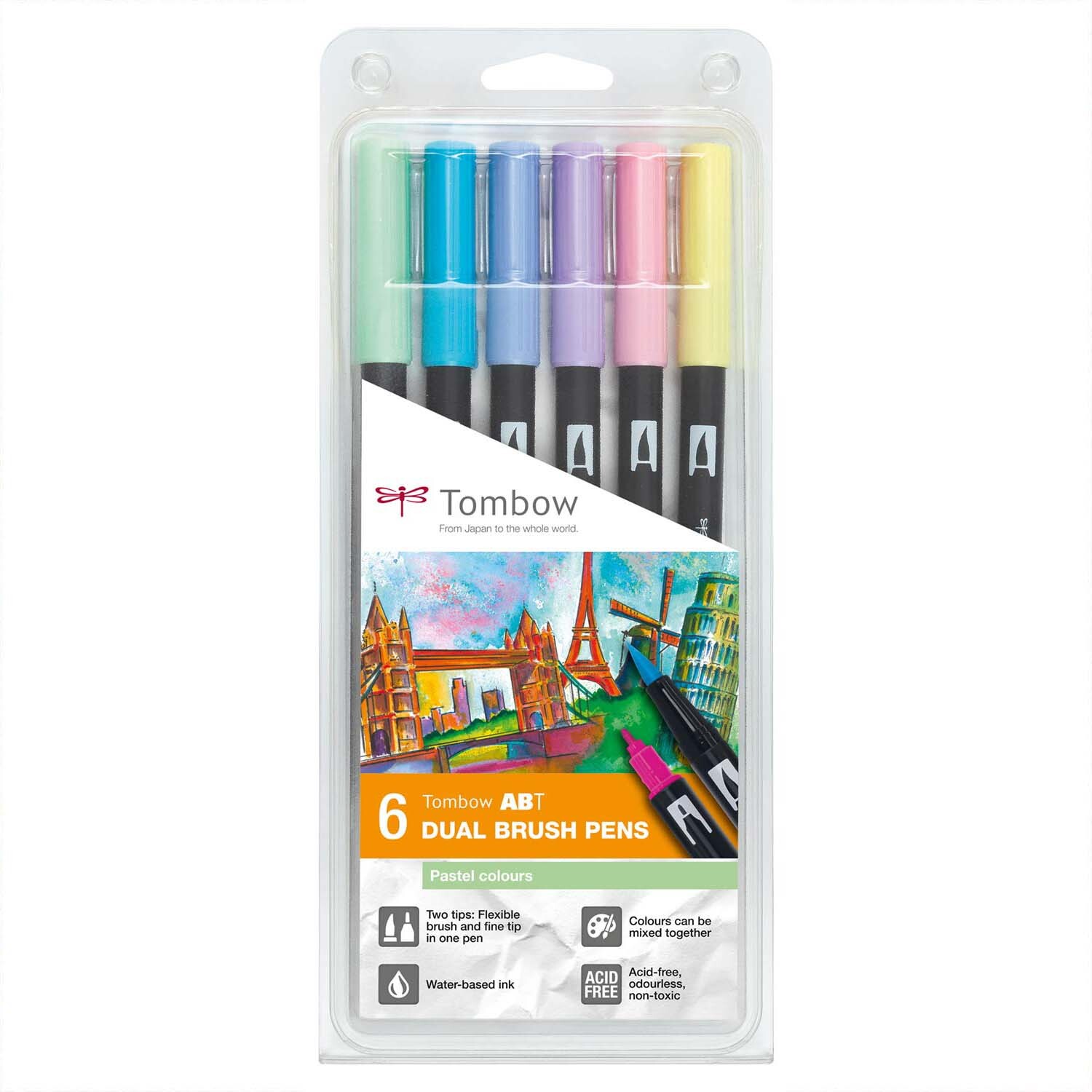 ABT Dual Brush Pen Pastellfarben 6er Set von Tombow in einer transparenten Verpackung mit bunten Stiften.
