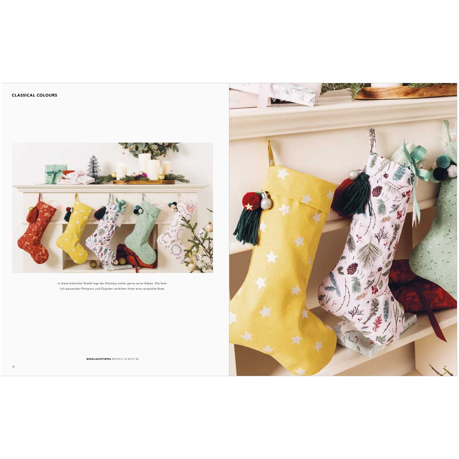 Das kleine Rico Nähbuch Weihnachten: Bunte Weihnachtsstrümpfe hängen dekorativ an einem Kaminsims.