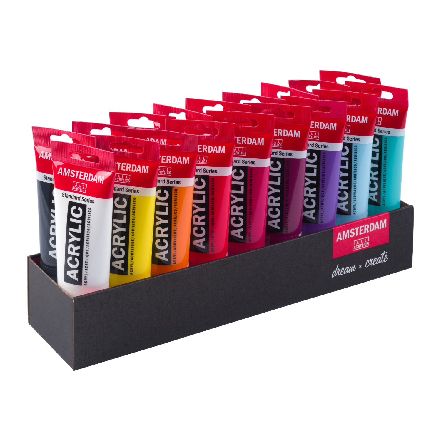 Vorteilspackung 18 x 120 ml: AMSTERDAM Acrylfarben in leuchtenden Tönen, ideal für kreative Projekte.