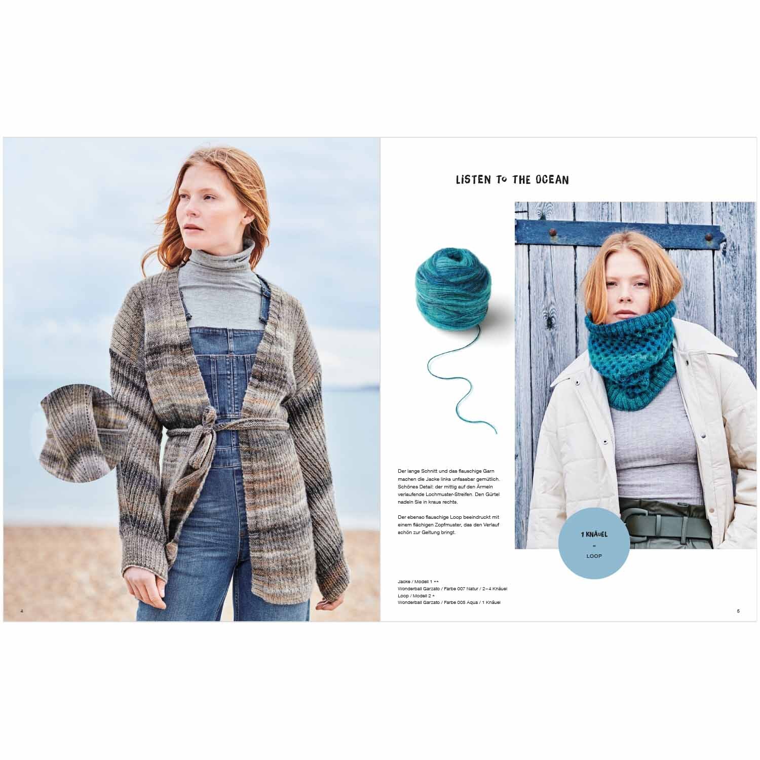 Wonderball Special: Frau am Strand in grauem Strickmantel von Rico Design, daneben blaues Garn und Schal.