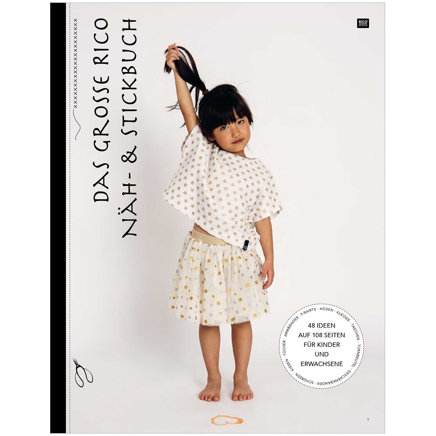 Das große Rico Näh- und Stickbuch zeigt ein Kind in einem gemusterten Outfit auf weißem Hintergrund.