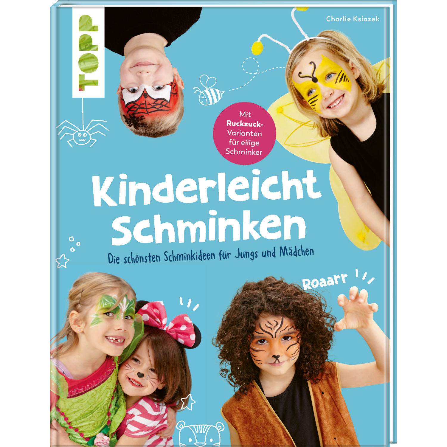 Kinderleicht Schminken: Vier Kinder mit bunten Gesichtsbemalungen, inspiriert von Tiermotiven.