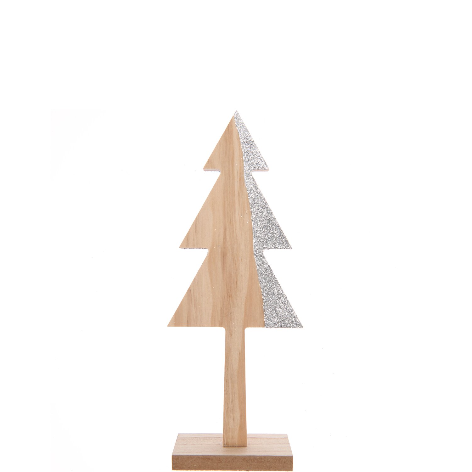 Holztanne natur-silber: Dekorativer Baum aus Holz mit silbernem Glitzerakzent, ideal für festliche Anlässe.