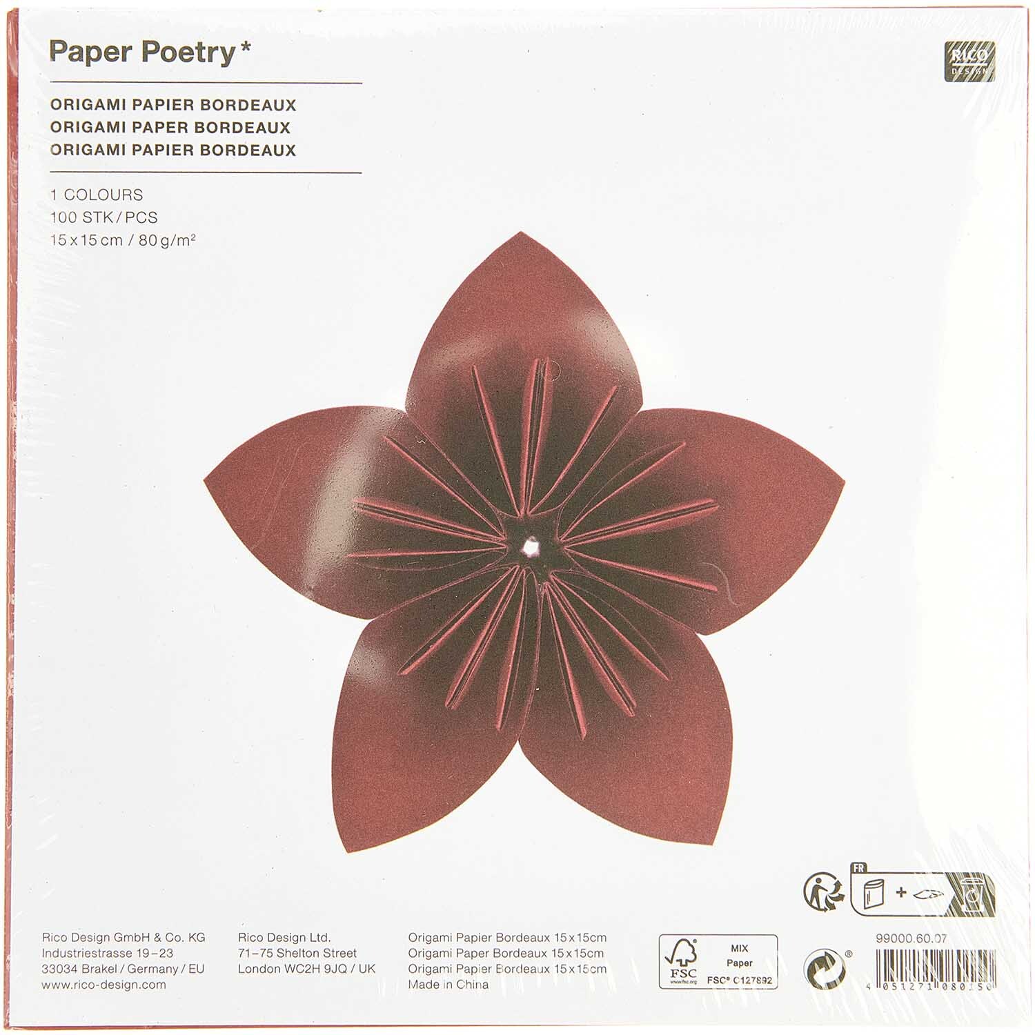 Paper Poetry Origami bordeaux 15x15cm 100 Blatt von Rico Design