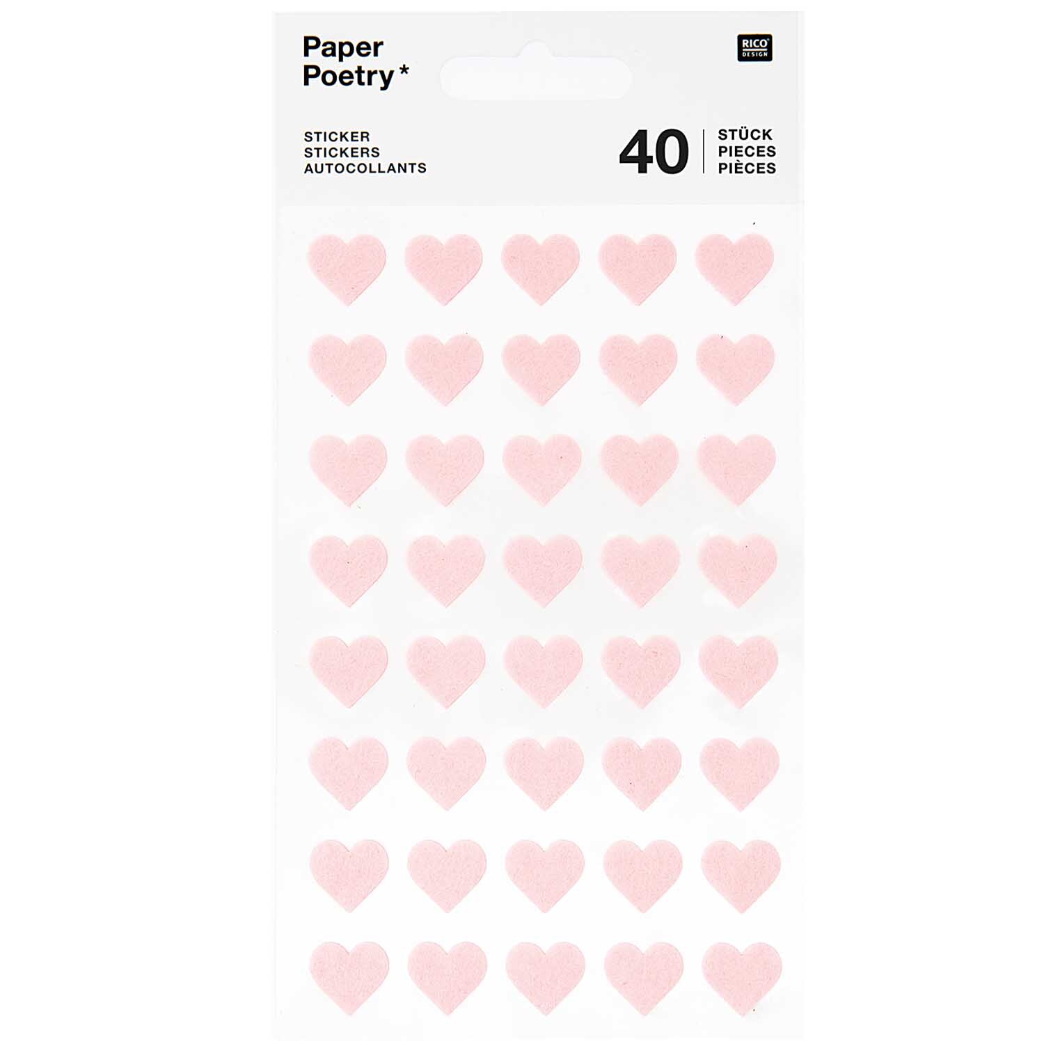 Paper Poetry Filzsticker Herzen klein: Ein Blatt mit 40 rosa Herzstickern von Rico Design. Ideal für kreative Projekte.