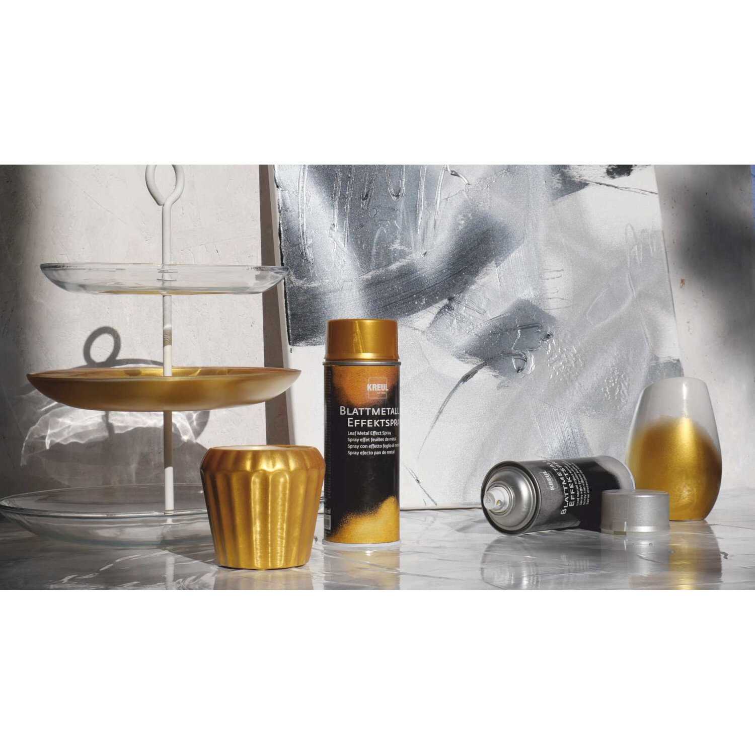 Blattmetall Effektspray, 400ml, verleiht Objekten einen goldenen Glanz. Ideal für kreative Projekte.