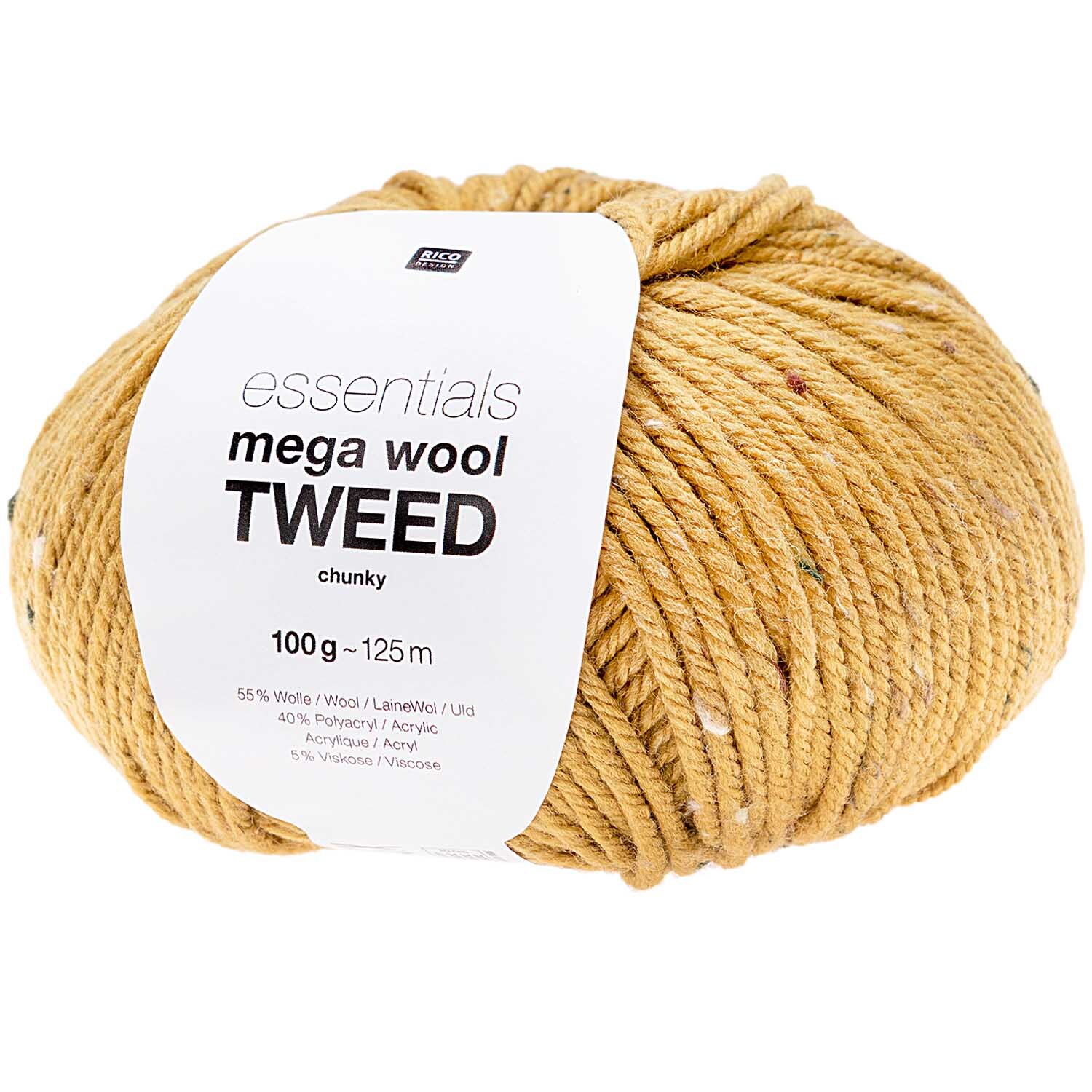 Essentials Mega Wool Tweed chunky: Senffarbene Wollknäuel von Rico Design, 100g, 125m Länge.