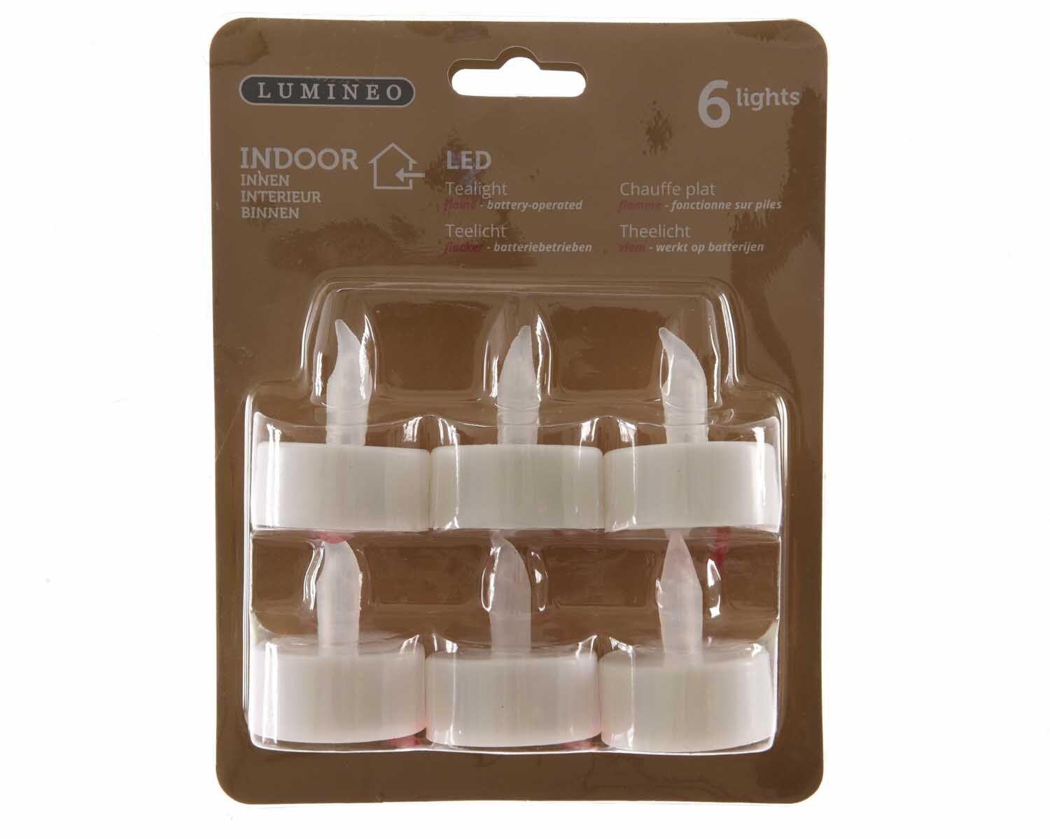 LED Teelichter weiß 6 Stück von Kaemingk in transparenter Verpackung, ideal für Innenräume.