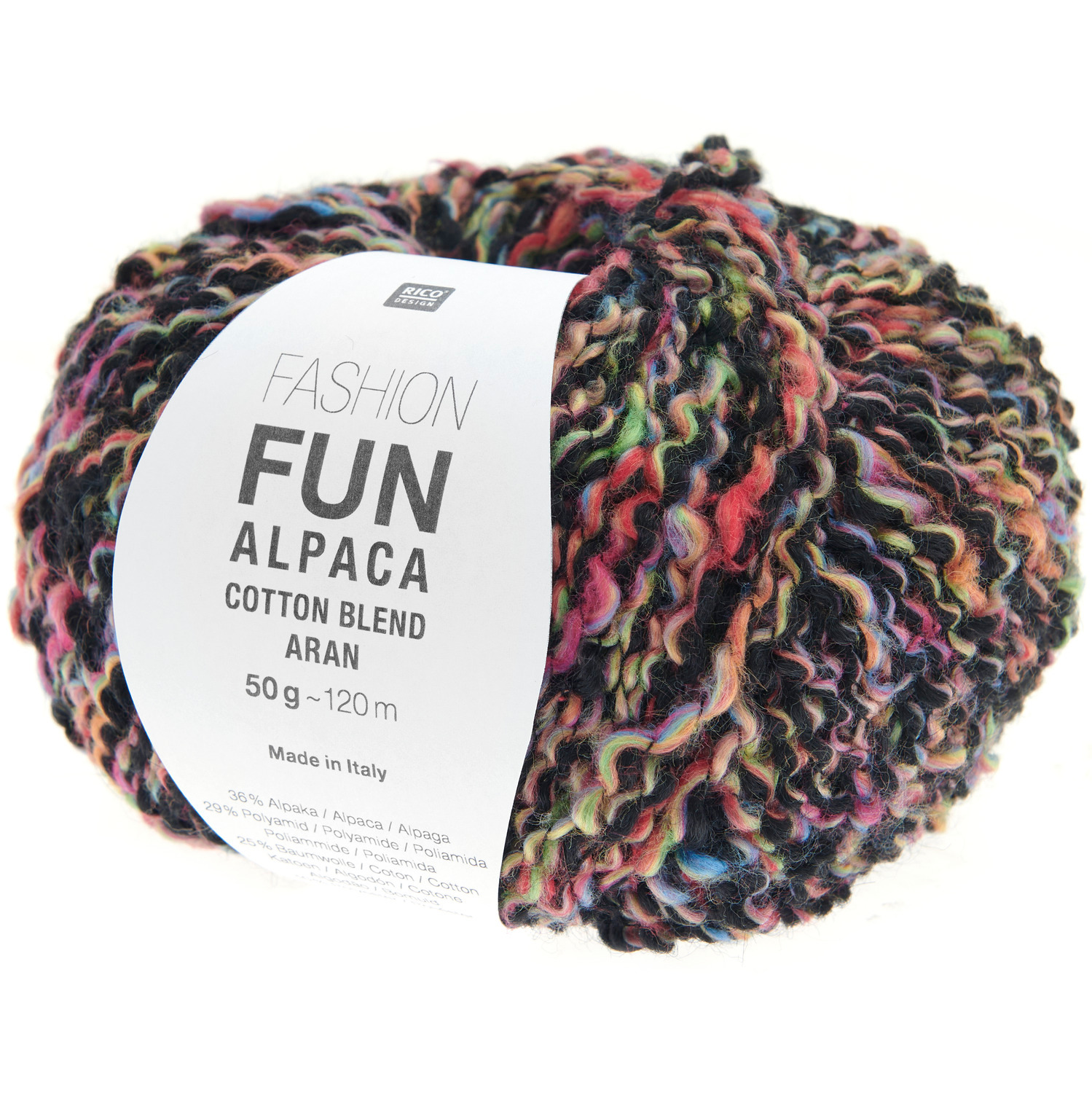 Rico Design Fun Alpaka Cotton Blend aran, weiches Garn in Multicolor schwarz, 50g Knäuel. Ideal für kreative Strickprojekte.