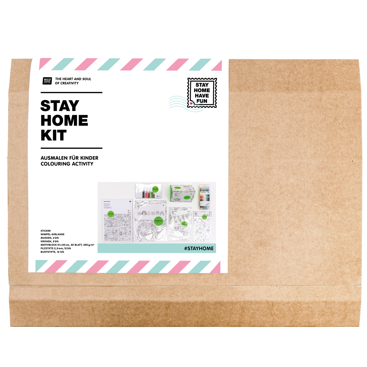 DIY Set Ausmalen für Kinder: Braunes Paket mit Malvorlagen und Farben von Rico Design. Ideal für kreative Aktivitäten zu Hause.