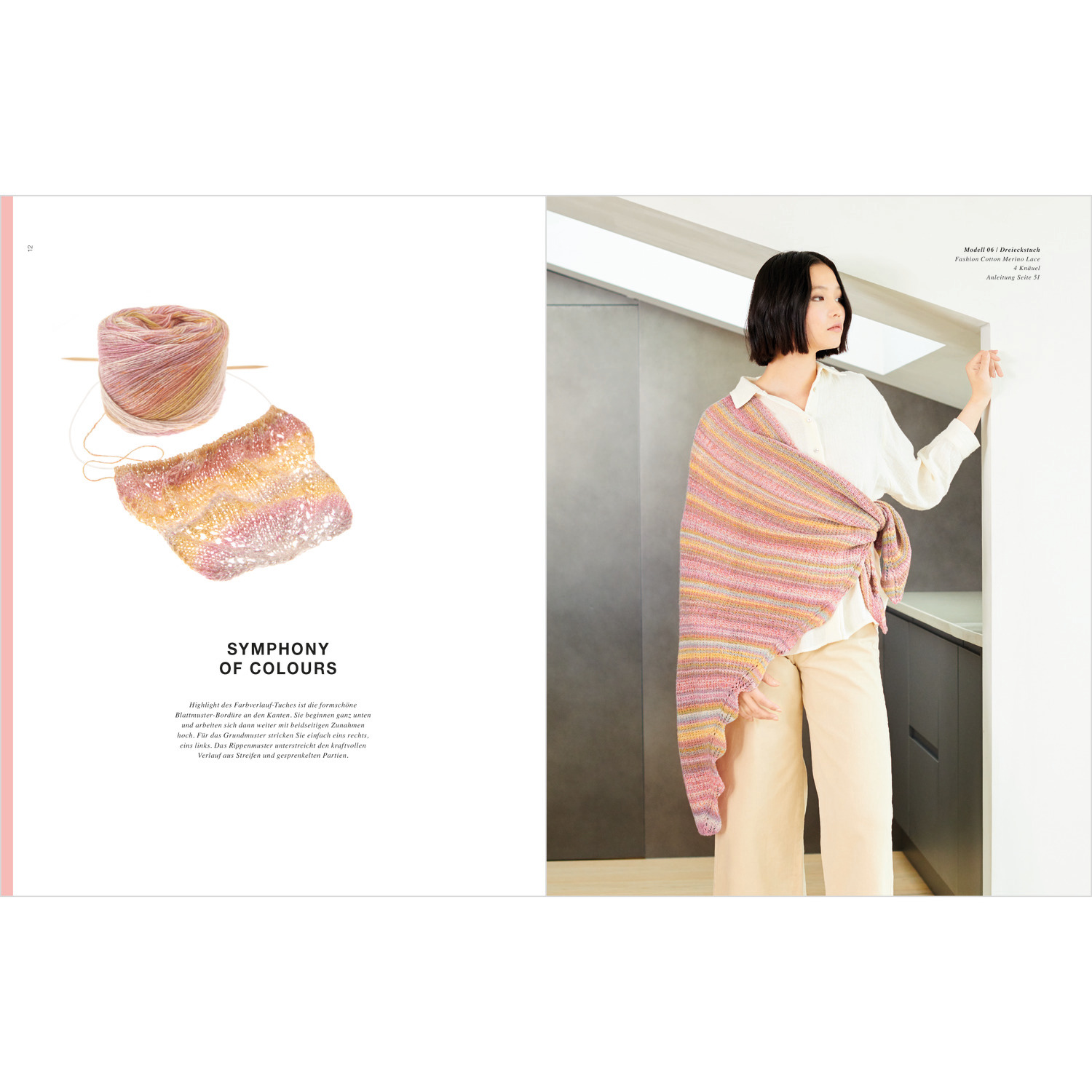 Tücher Special: Frau trägt gestricktes Tuch in Rosa- und Gelbtönen von Rico Design, modern gestylt.