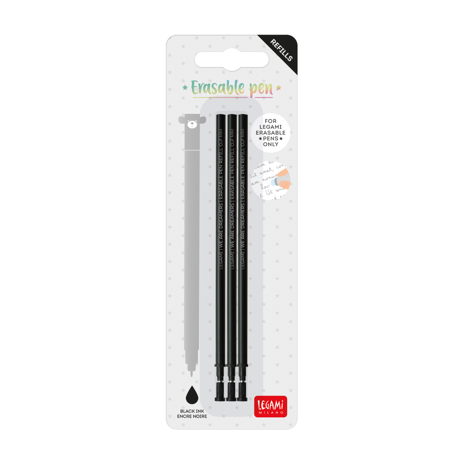 Ersatzmine für löschbaren Gelstift Schwarz, 3 Stück von Legami in Verpackung, ideal für präzises Schreiben.