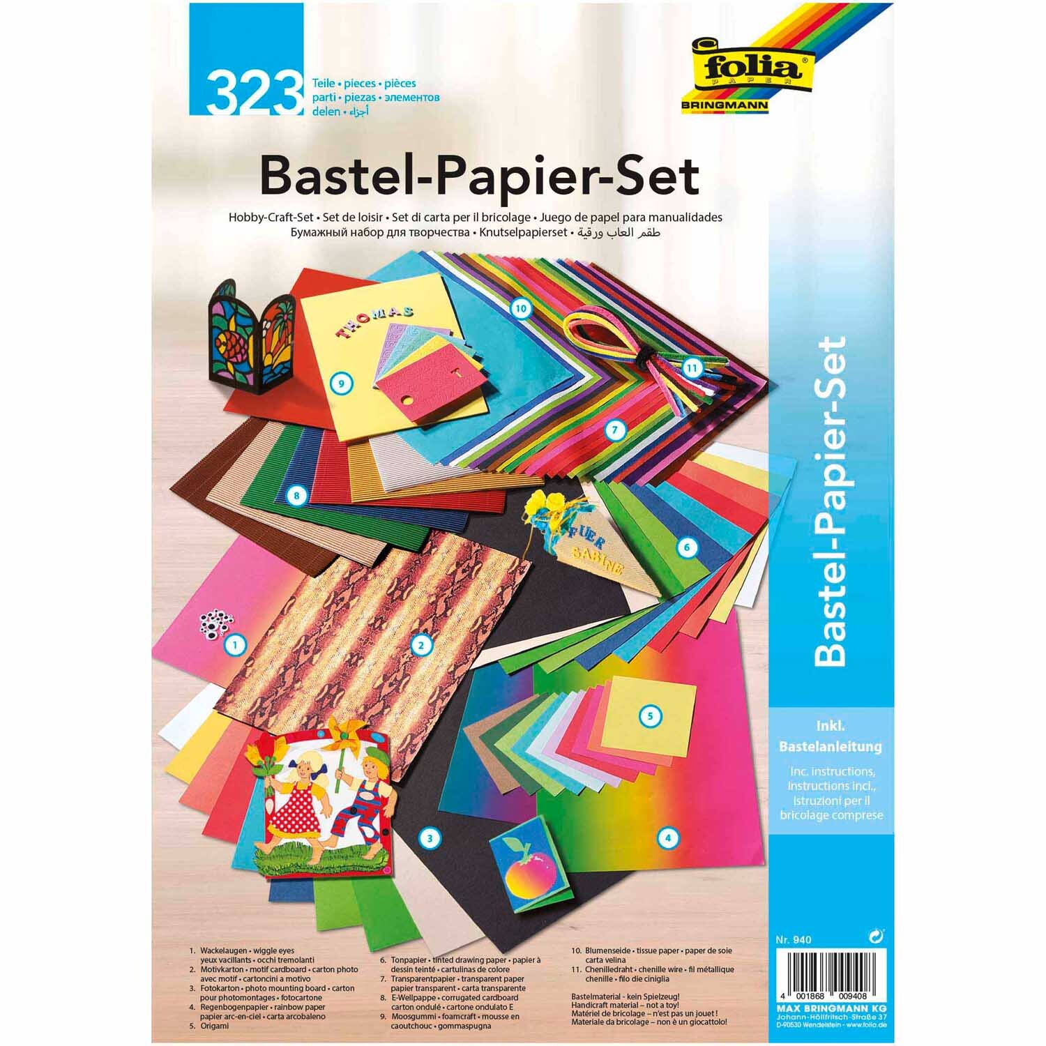 Bastelpapier Set, 323-teilig, zeigt eine Vielzahl an buntem Papier von folia für kreative Projekte.