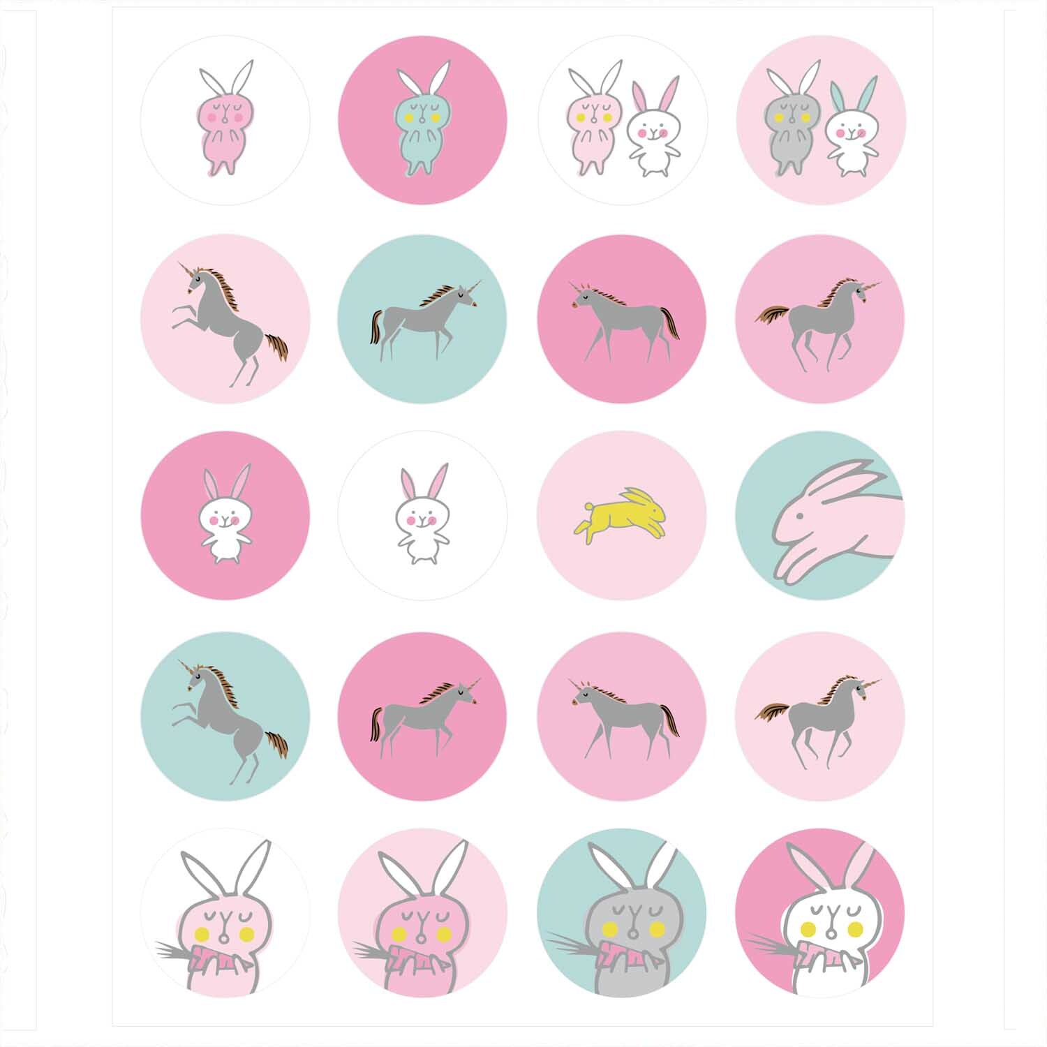 Paper Poetry Sticker Hasen 6 Blatt zeigt bunte Hasen- und Einhornmotive auf runden Aufklebern. Ideal für kreative Bastelprojekte.