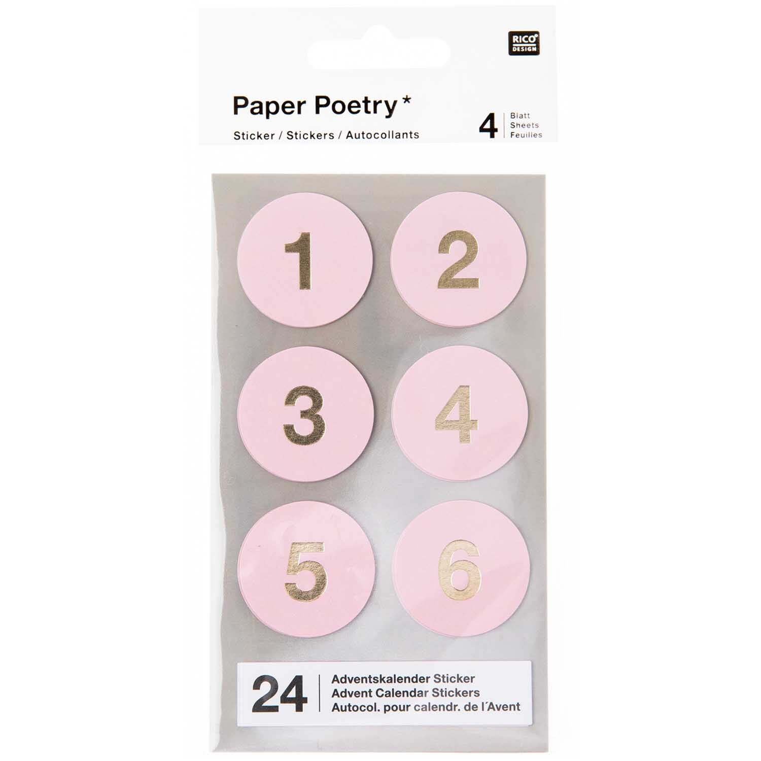 Paper Poetry Adventskalender Sticker Zahlen 1-24 in Rosa mit goldenen Ziffern, ideal für kreative Adventskalender.