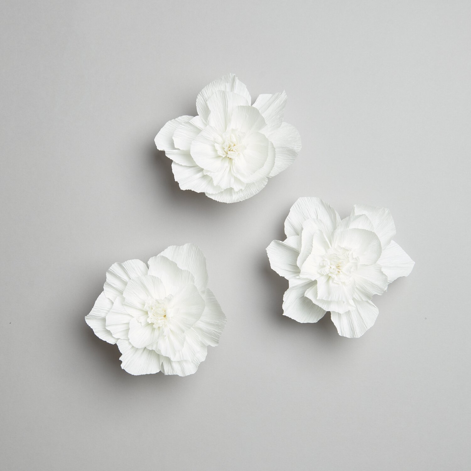 Krepppapier Blüten in Weiß, Ø12cm, 3 Stück. Drei kunstvolle, weiße Papierblumen auf grauem Hintergrund.