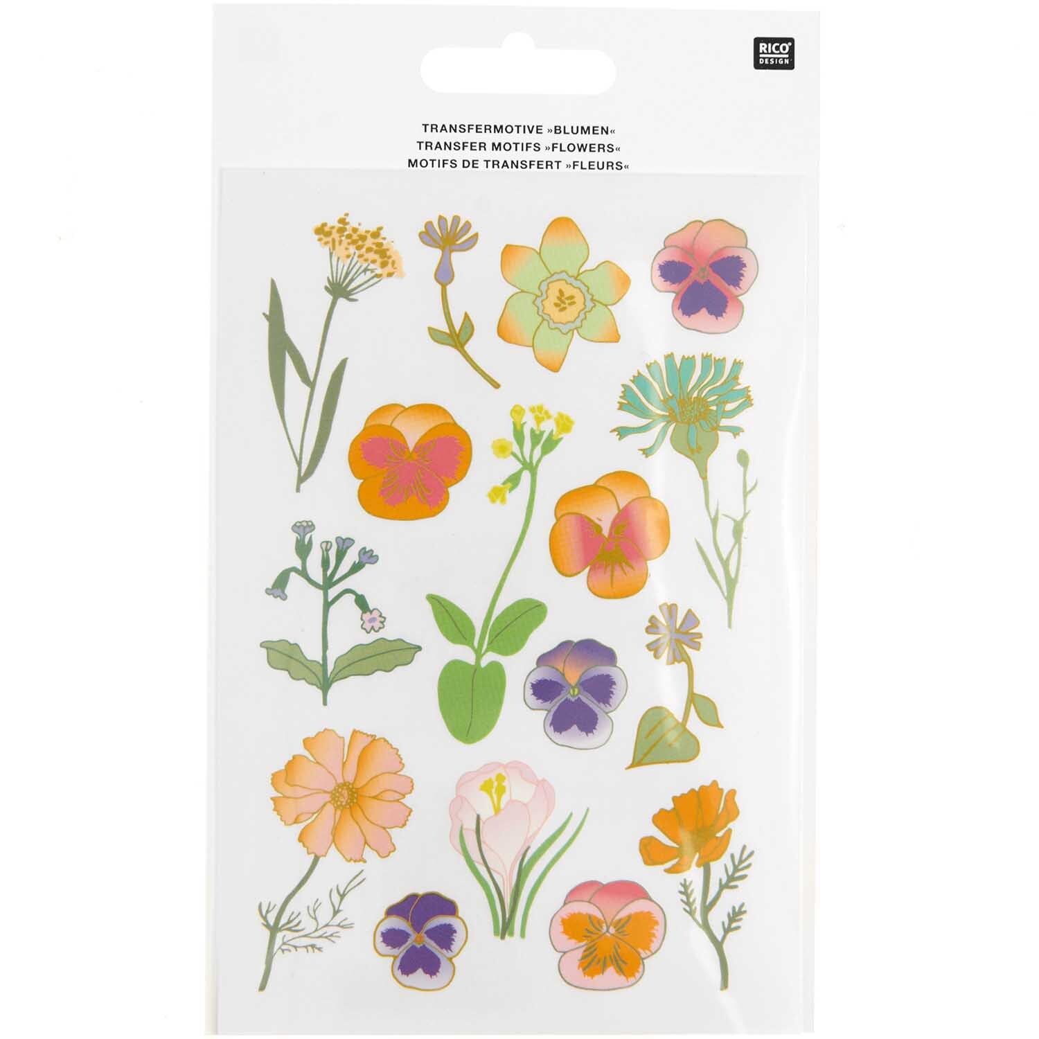 Transfermotiv Blumen: Bunte Blumenmotive von Rico Design, 16 Stück, ideal für kreative Projekte.